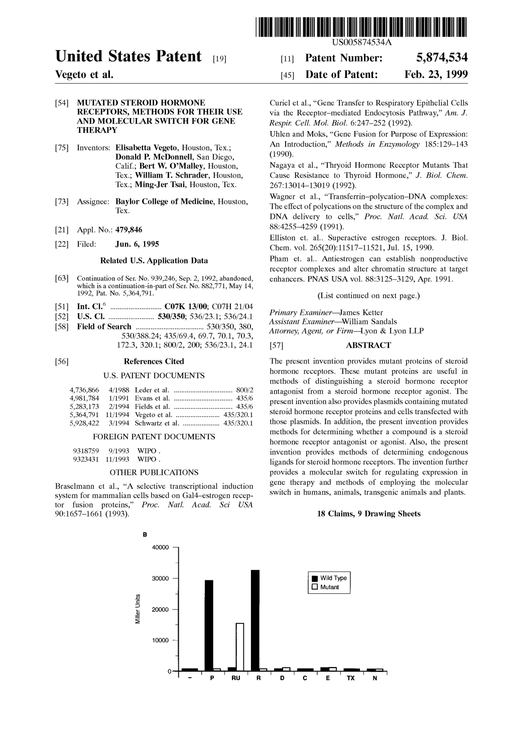 United States Patent (19) 11 Patent Number: 5,874,534 Vegeto Et Al