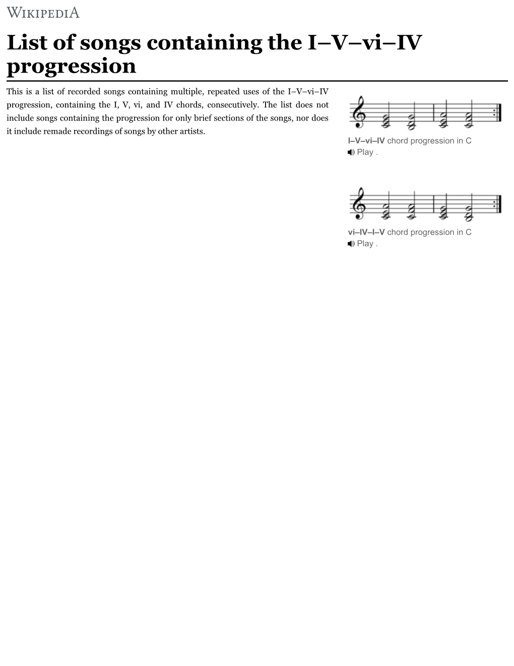 List of Songs Containing the I–V–Vi–IV Progression