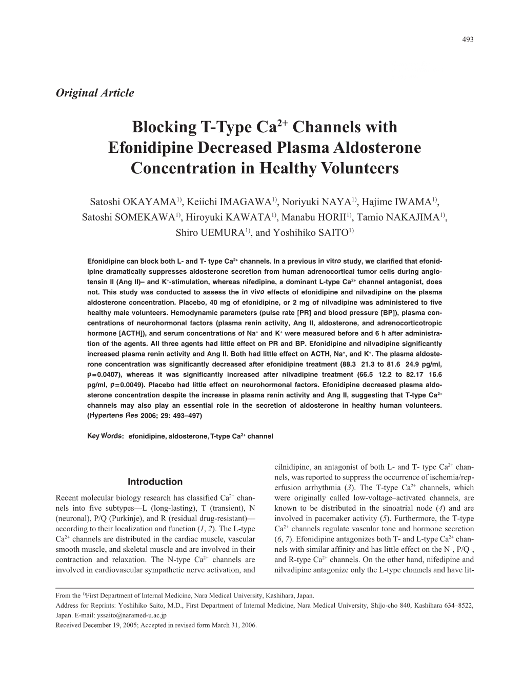 Blocking T-Type Ca2+ Channels with Efonidipine Decreased Plasma Aldosterone Concentration in Healthy Volunteers