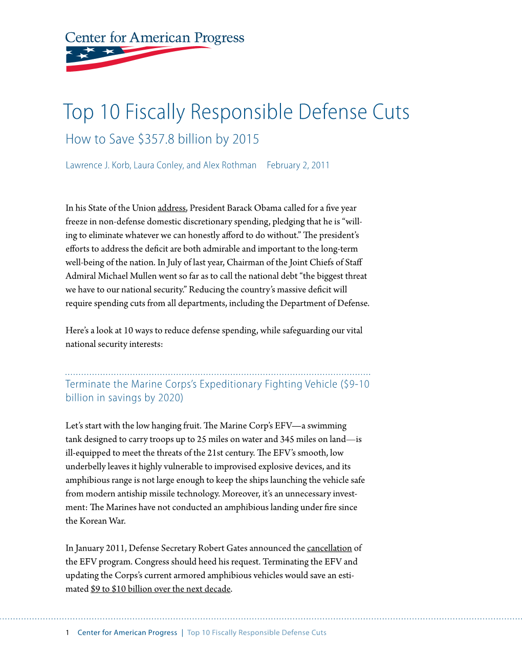Top 10 Fiscally Responsible Defense Cuts How to Save $357.8 Billion by 2015