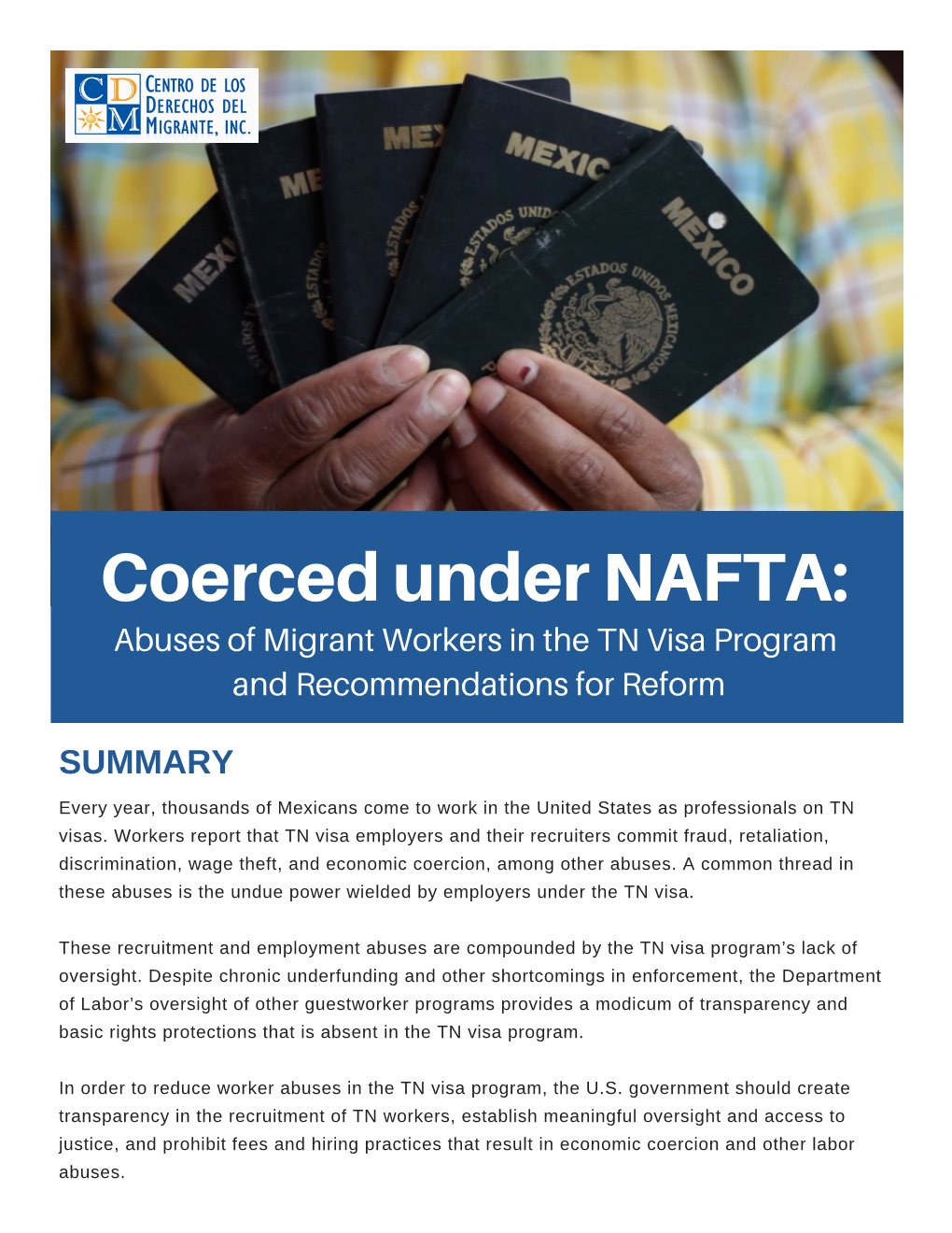 Coerced Under NAFTA: Abuses of Migrant Workers in the TN Visa Program and Recommendations for Reform