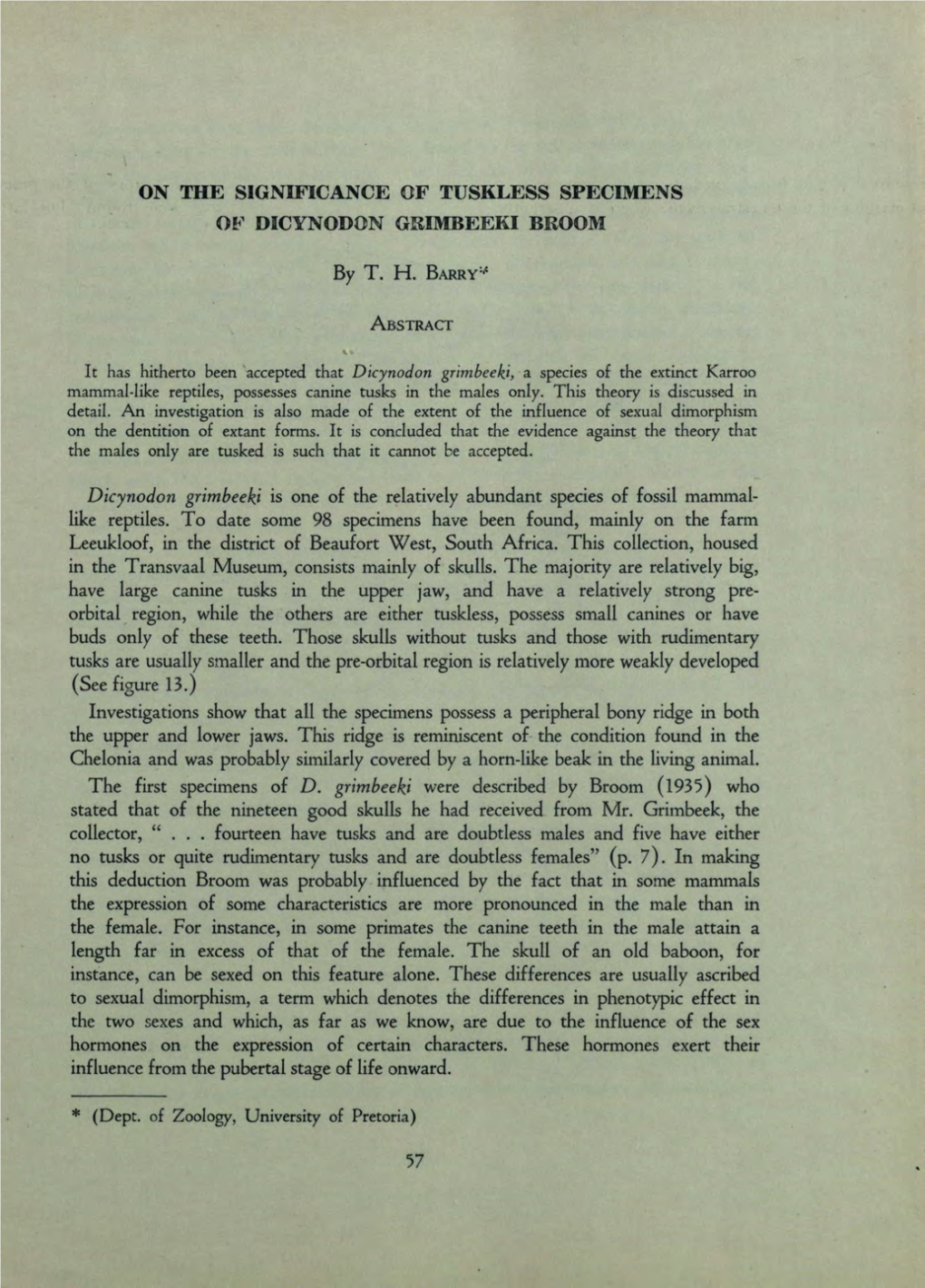 On the Significance of Tuskless Specimens of Dicynodon Grimbeeki Broom