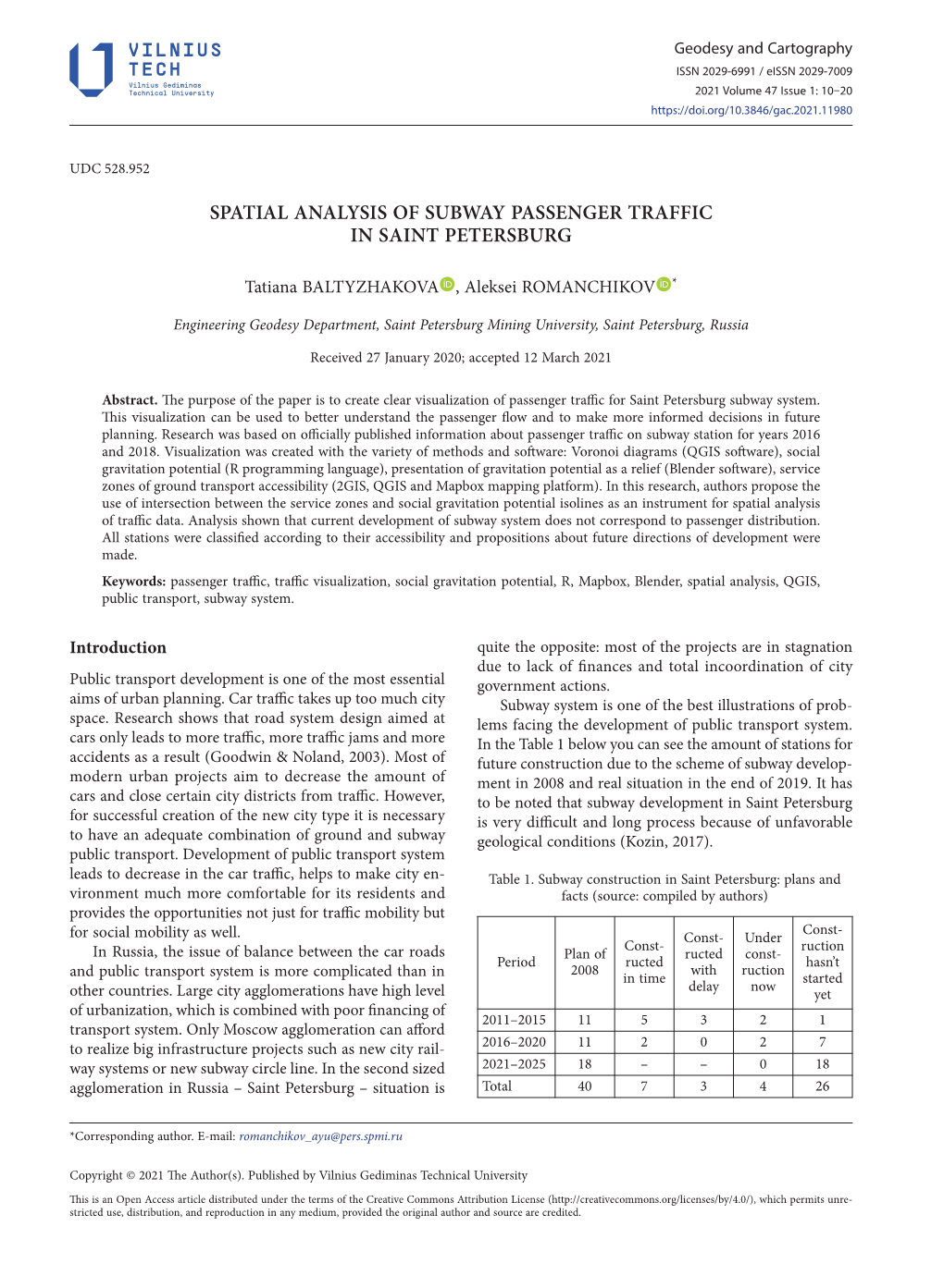 Spatial Analysis of Subway Passenger Traffic in Saint Petersburg