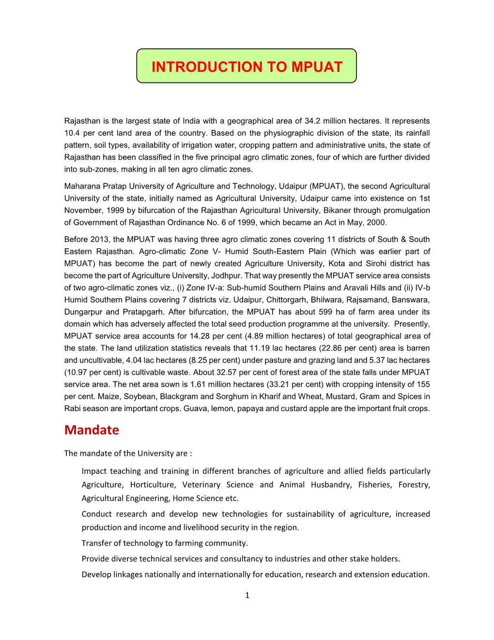 INTRODUCTION to MPUAT Mandate