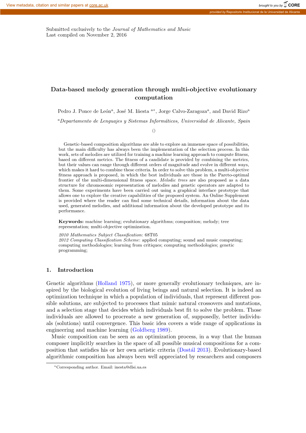 Data-Based Melody Generation Through Multi-Objective Evolutionary Computation