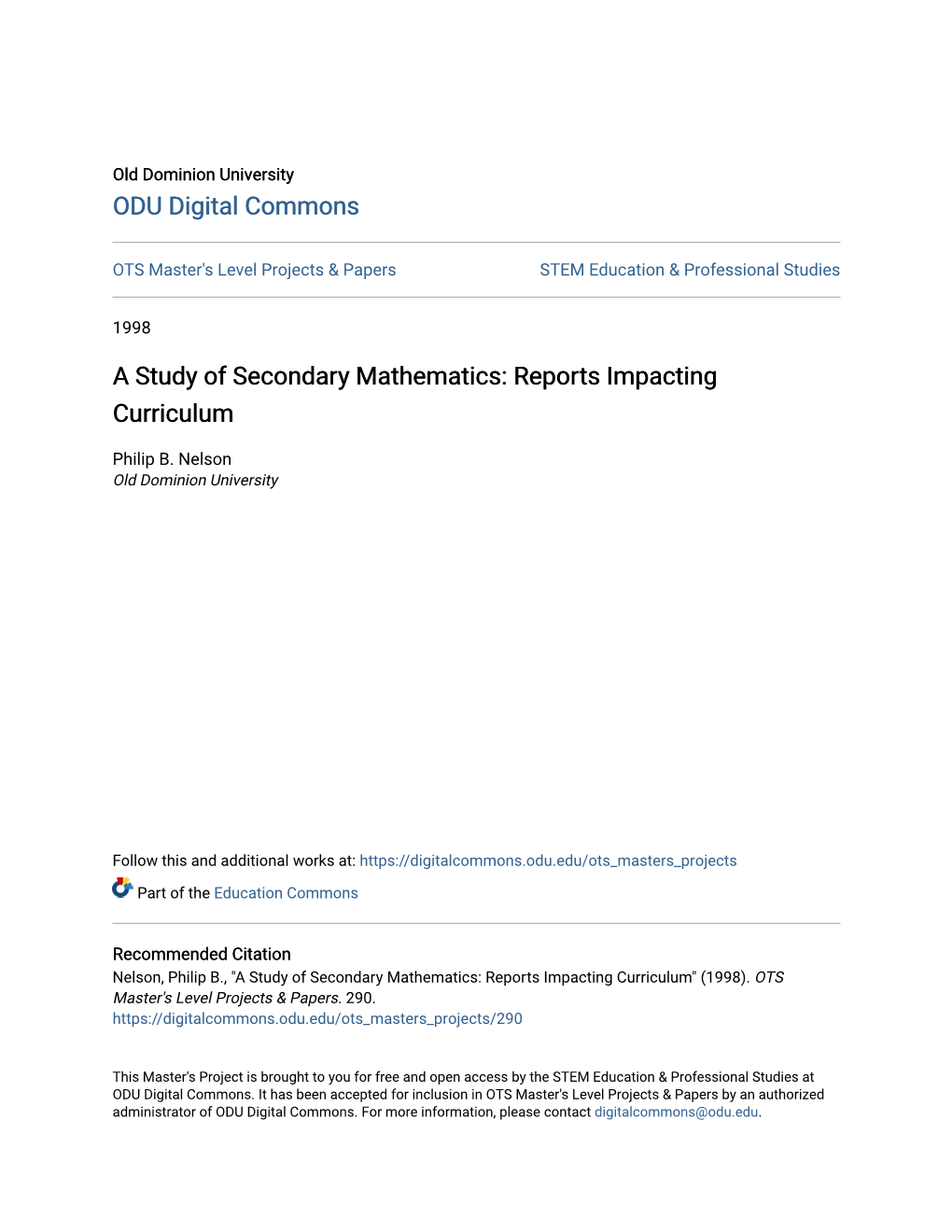 A Study of Secondary Mathematics: Reports Impacting Curriculum