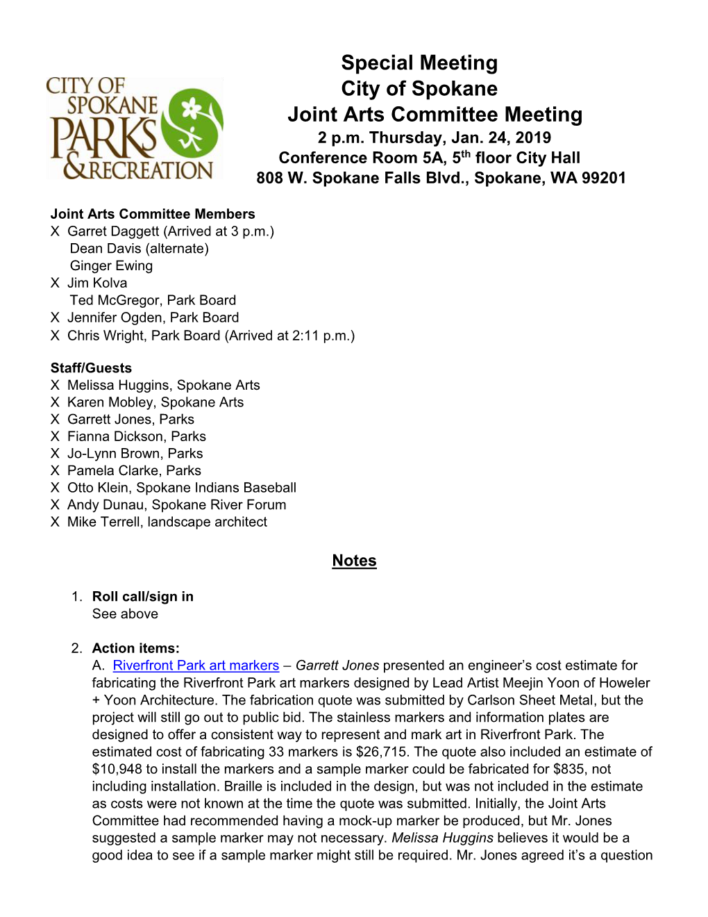 Spokane Park Board Joint Arts Committee Meeting Minutes of Jan