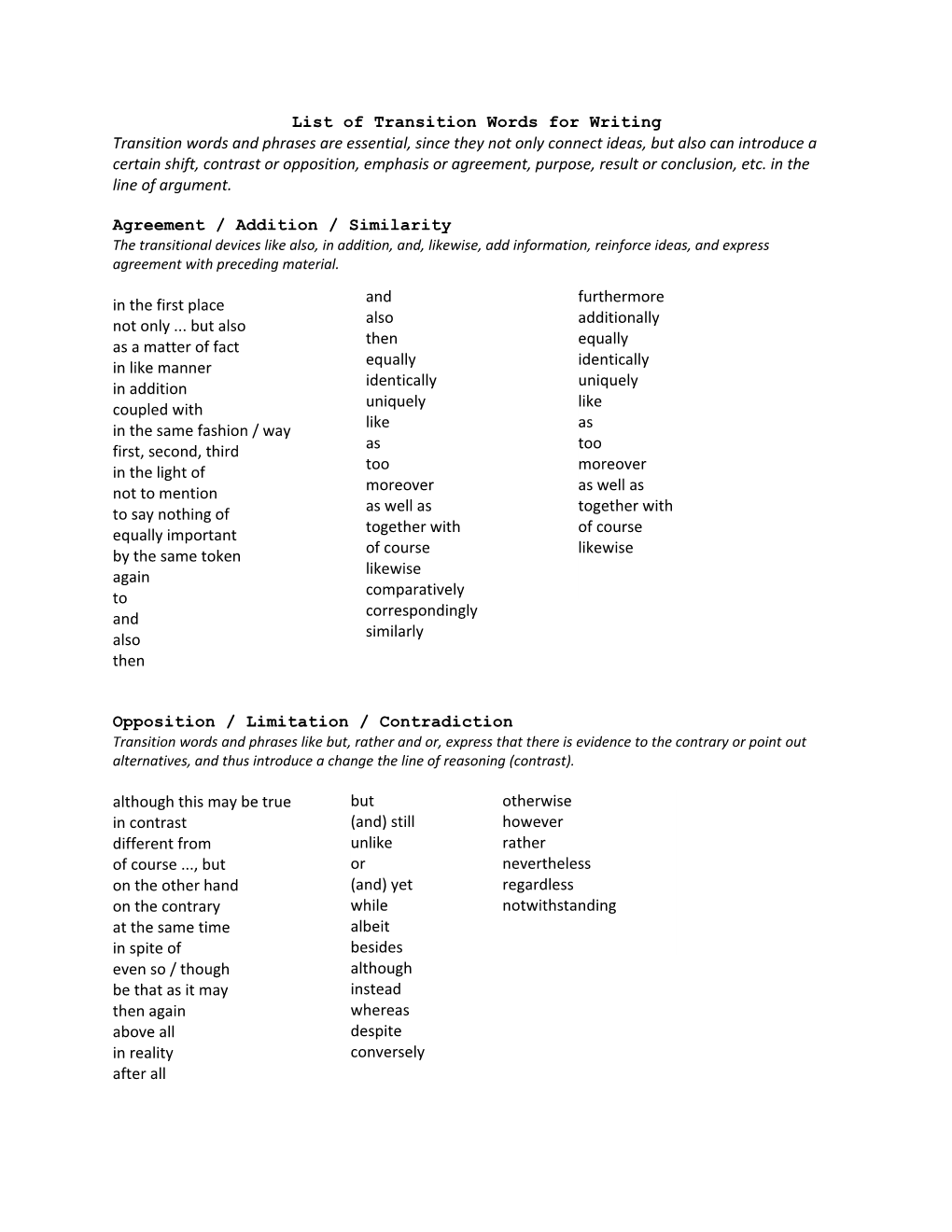 List of Transition Words for Writing