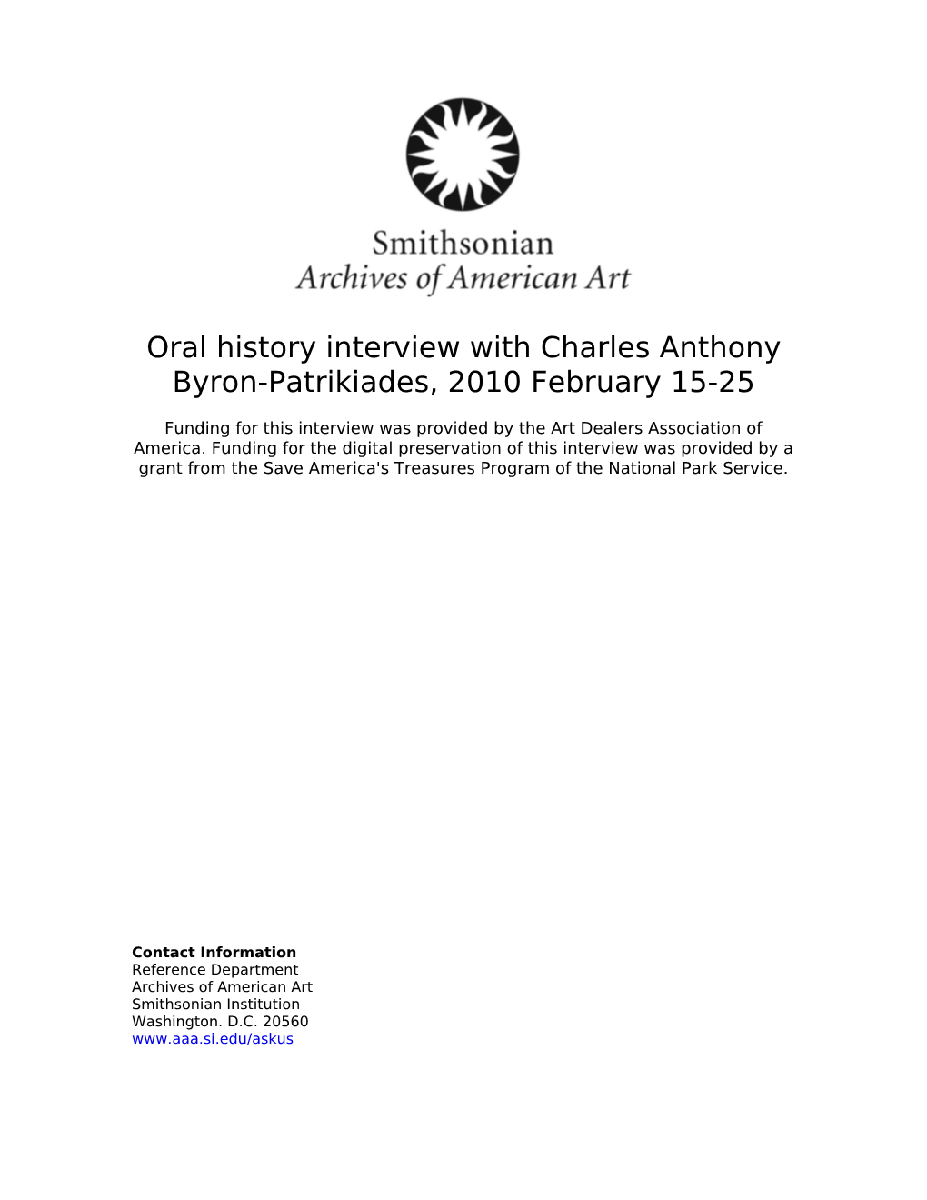Oral History Interview with Charles Anthony Byron-Patrikiades, 2010 February 15-25