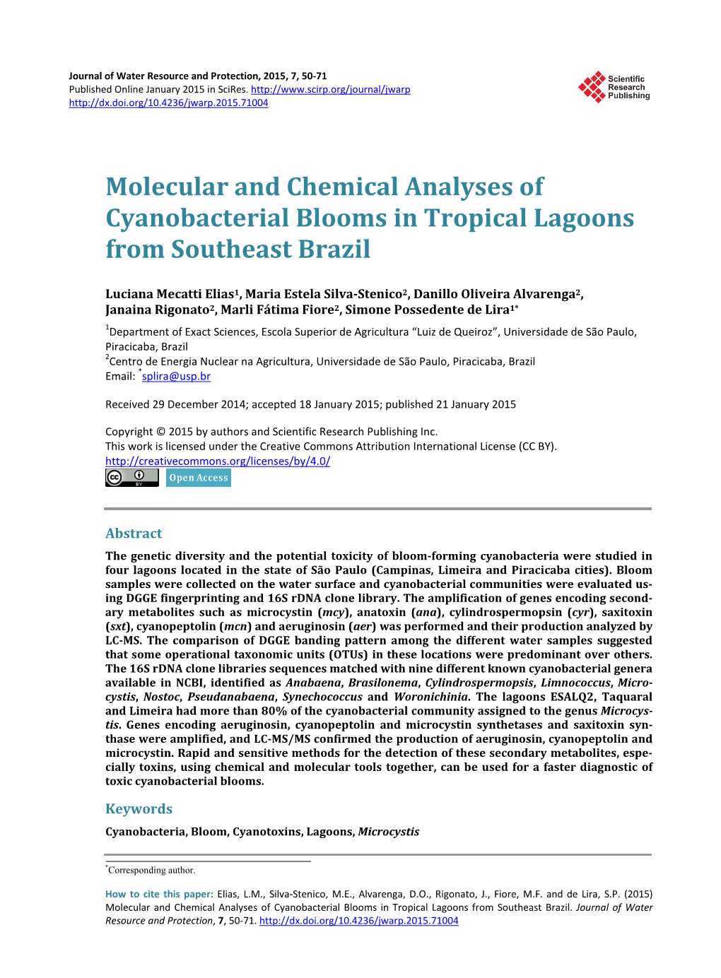 Molecular and Chemical Analyses of Cyanobacterial Blooms in Tropical Lagoons from Southeast Brazil