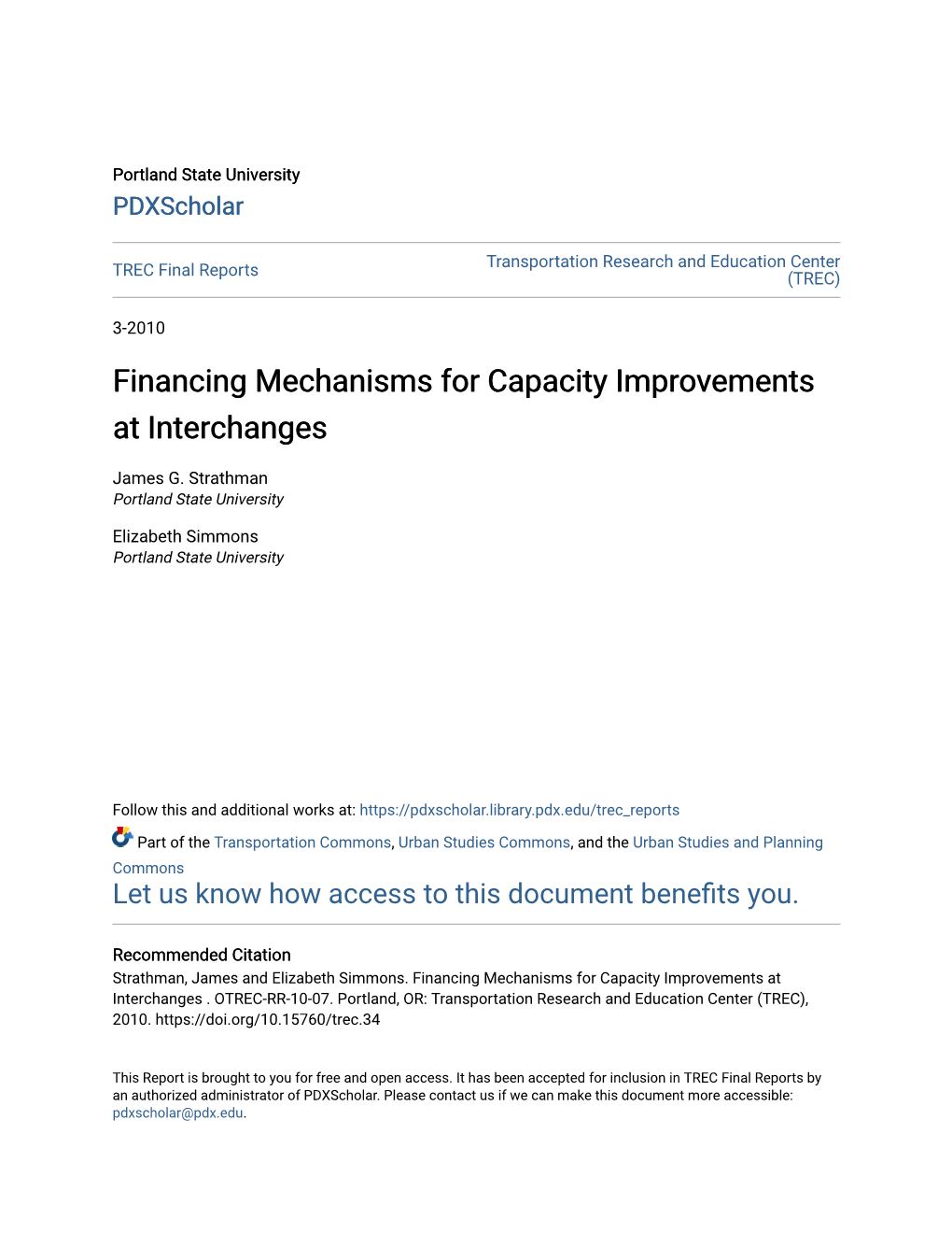 Financing Mechanisms for Capacity Improvements at Interchanges
