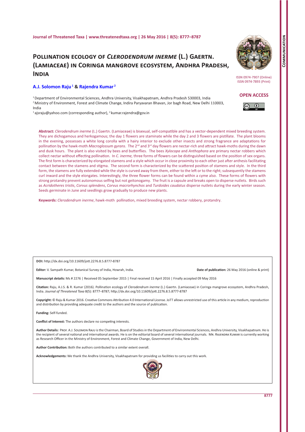 Pollination Ecology of Clerodendrum Inerme (L.) Gaertn