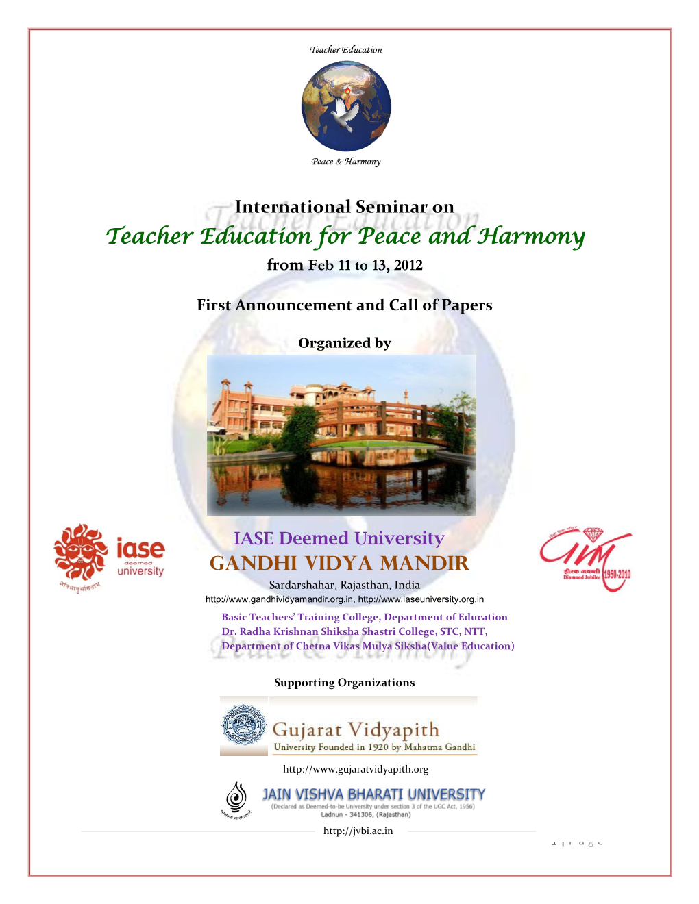 Teacher Education for Peace and Harmony from Feb 11 to 13, 2012