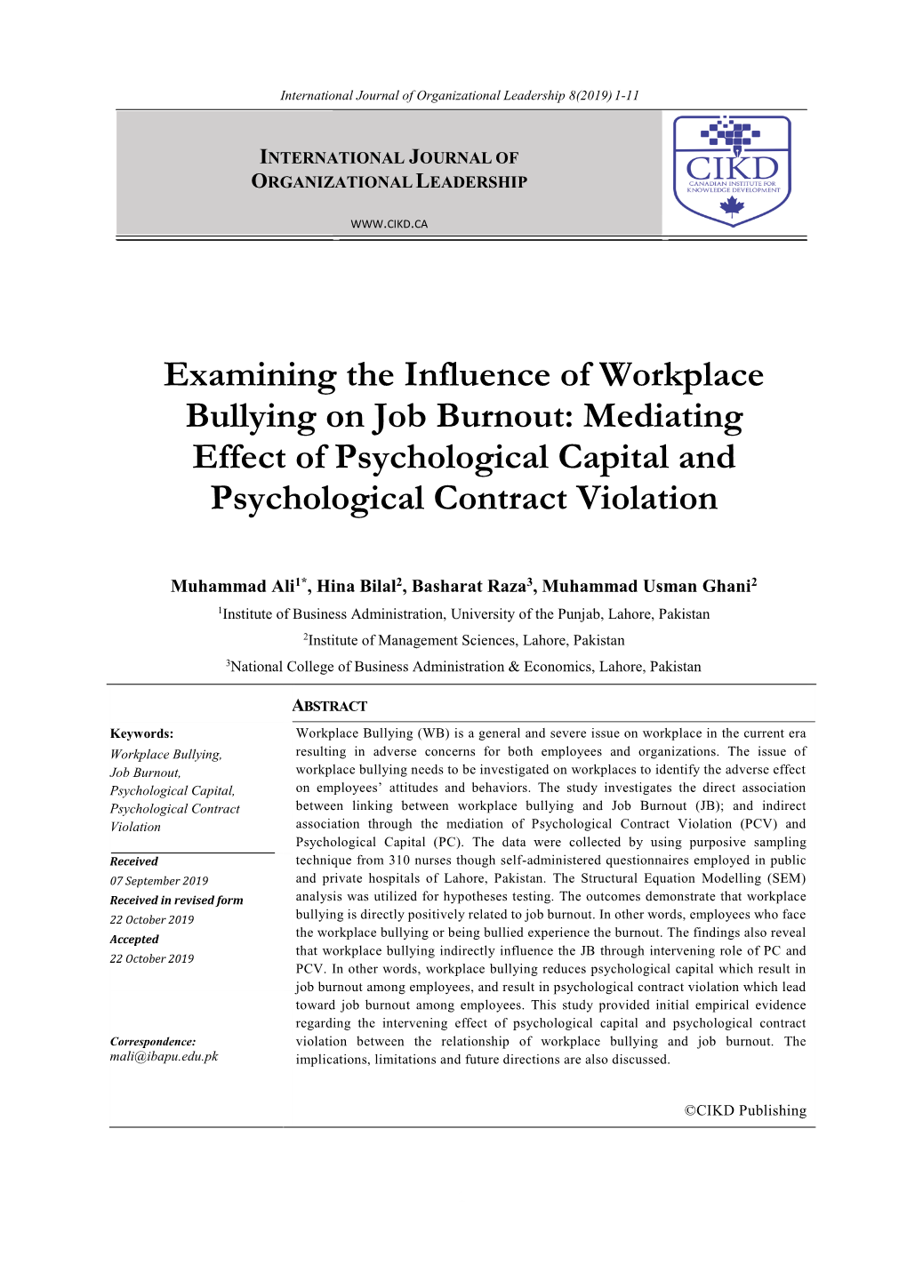 Examining the Influence of Workplace Bullying on Job Burnout: Mediating Effect of Psychological Capital and Psychological Contract Violation
