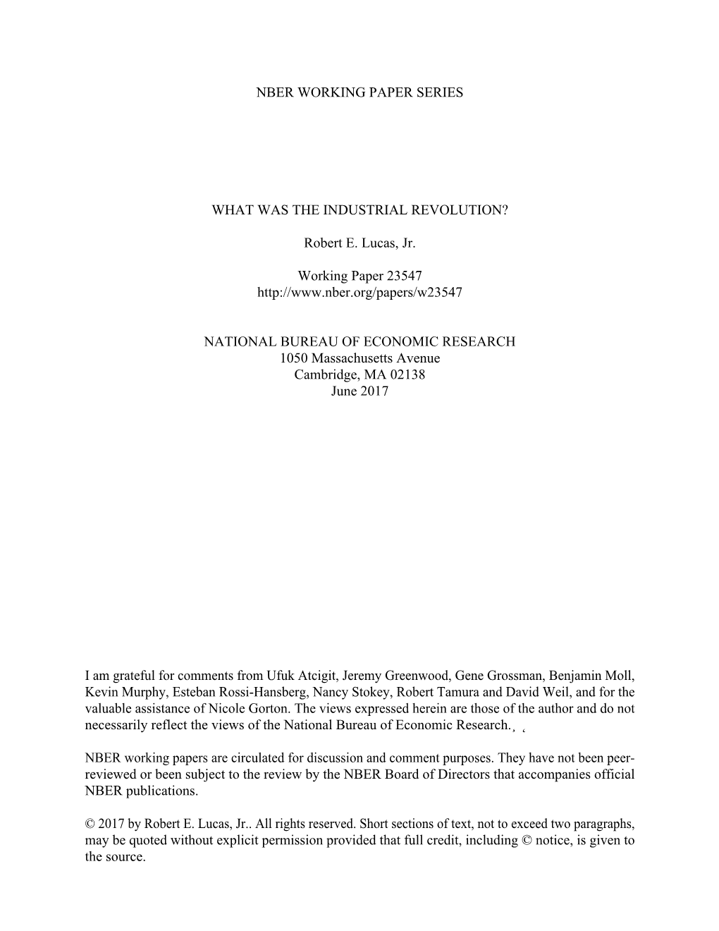 Nber Working Paper Series What Was the Industrial