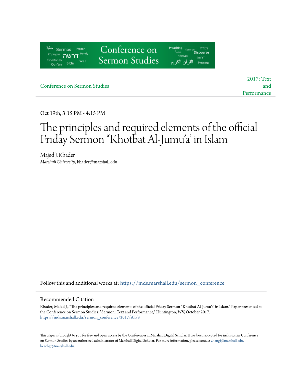 The Principles and Required Elements of the Official Friday Sermon “Khotbat Al-Jumu’A’ in Islam Majed J