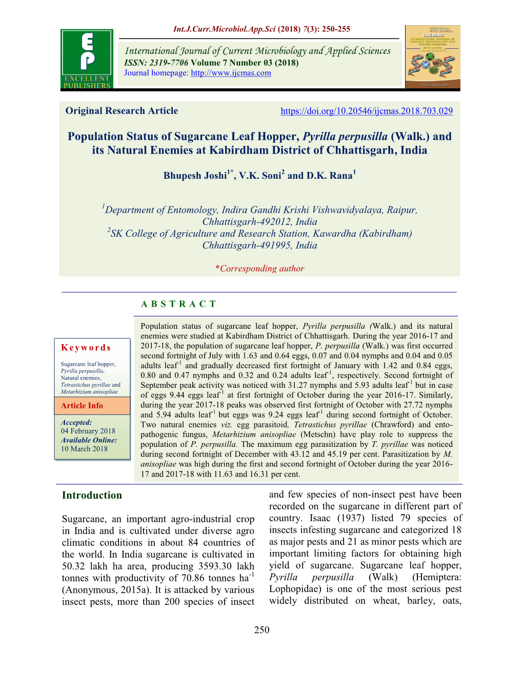 Population Status of Sugarcane Leaf Hopper, Pyrilla Perpusilla (Walk.) and Its Natural Enemies at Kabirdham District of Chhattisgarh, India