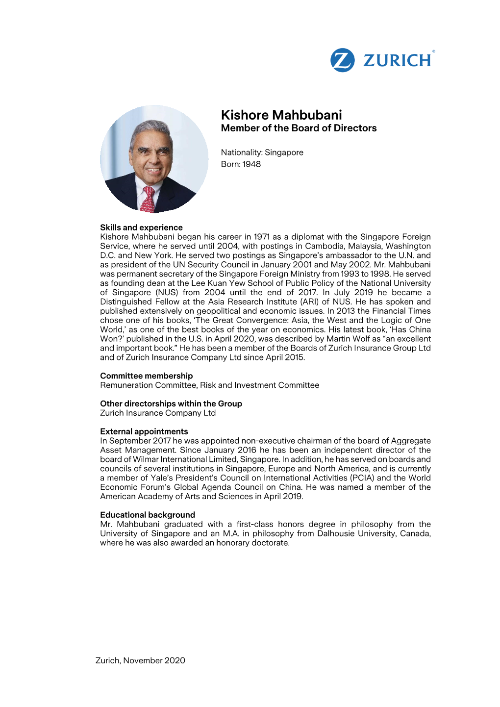 Kishore Mahbubani Member of the Board of Directors