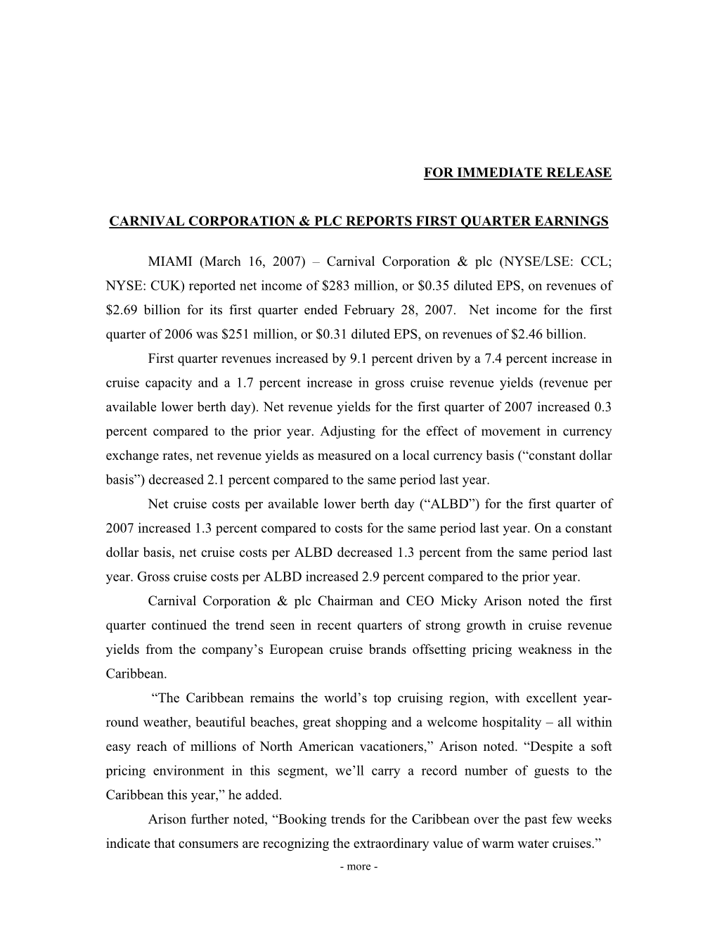 For Immediate Release Carnival Corporation & Plc