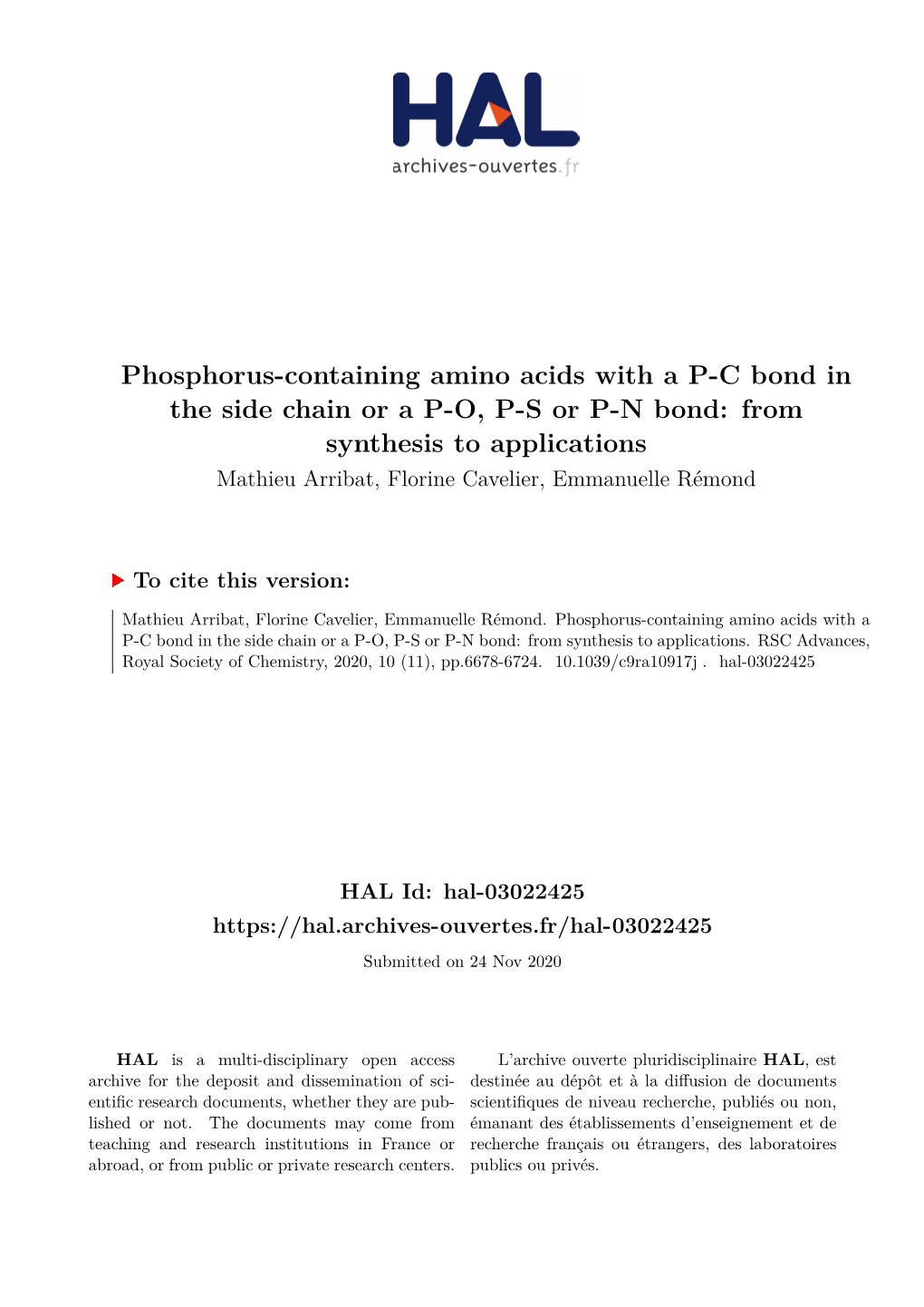 Phosphorus-Containing Amino Acids with a P-C Bond in the Side Chain Or a P-O, P-S Or P-N Bond: from Synthesis to Applications