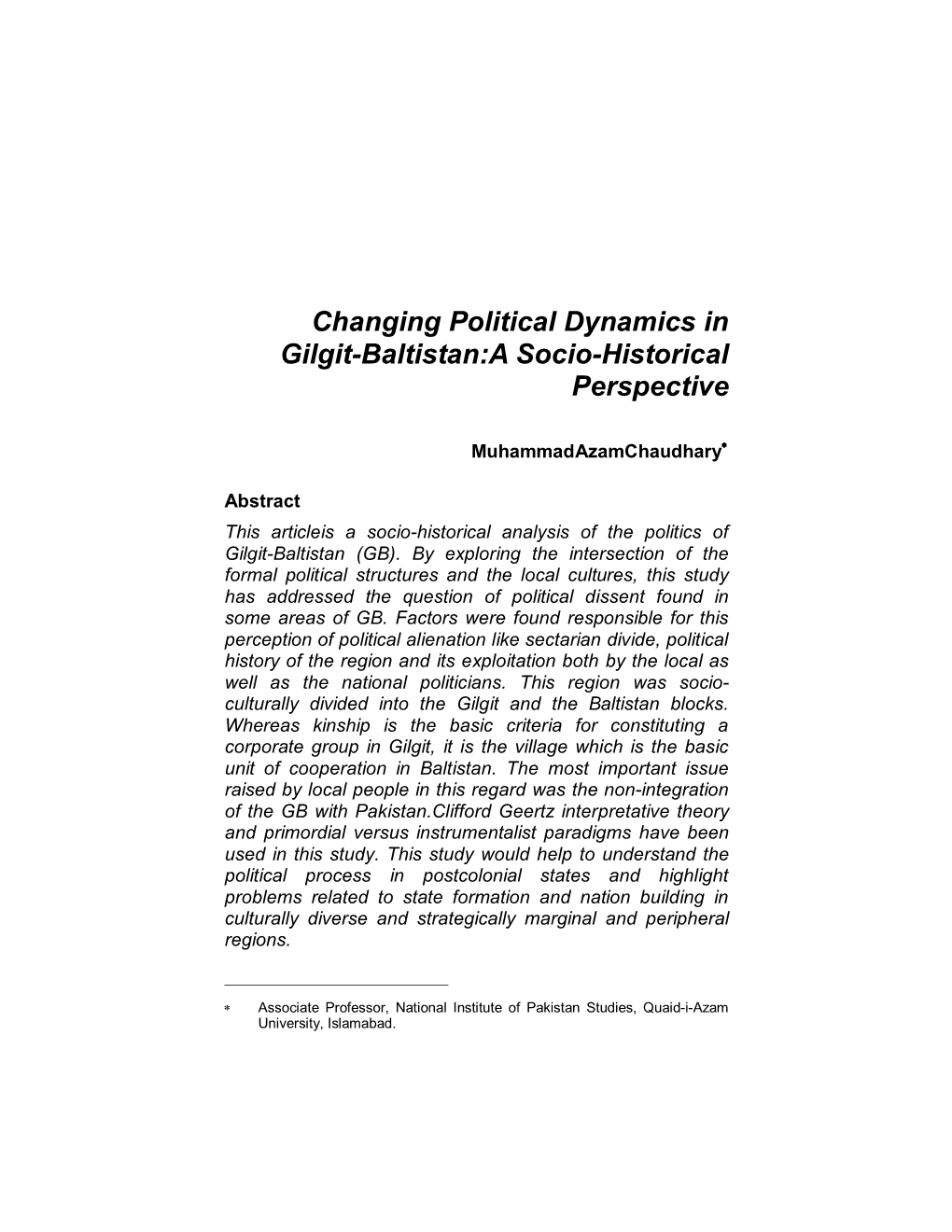Changing Political Dynamics in Gilgit-Baltistan:A Socio-Historical Perspective