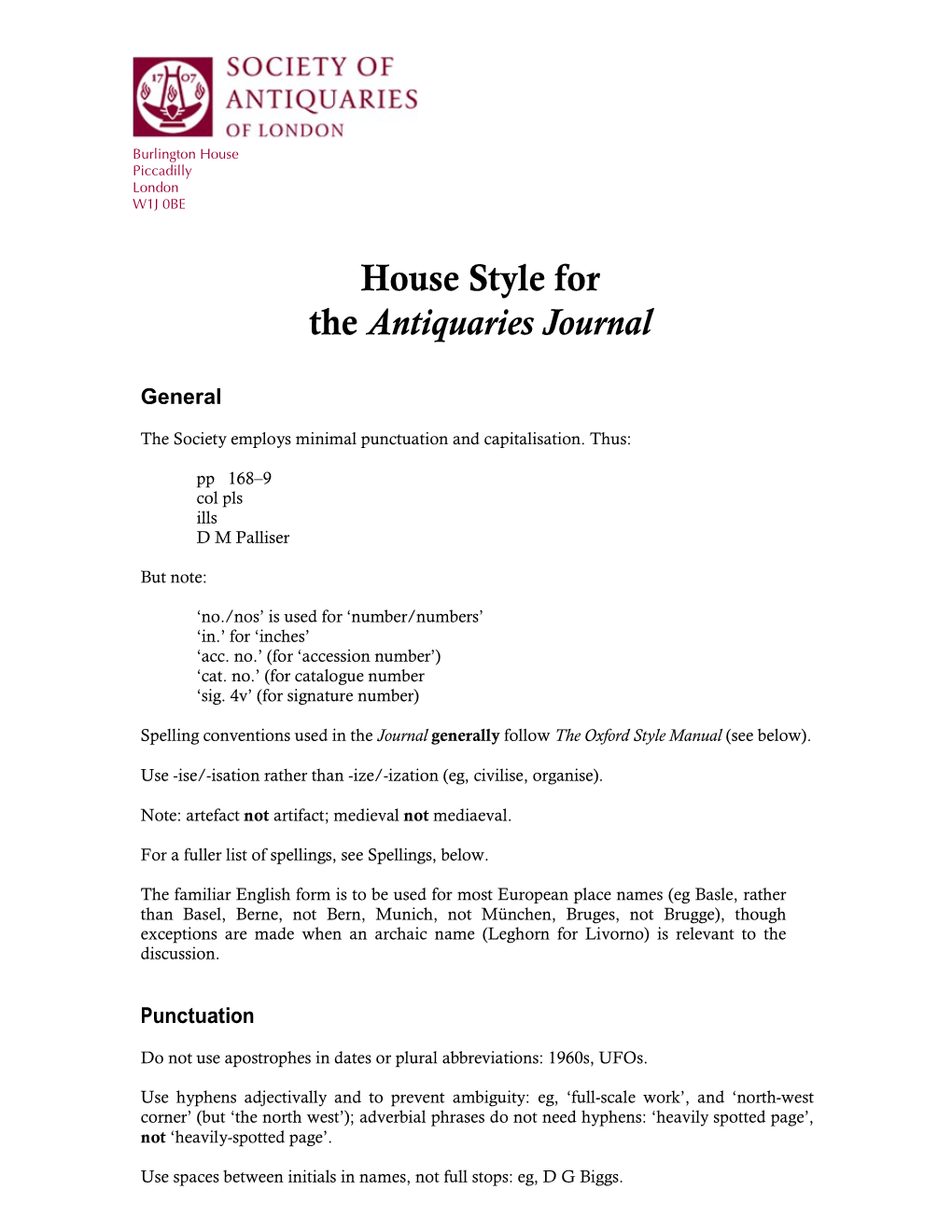 House Style for the Antiquaries Journal