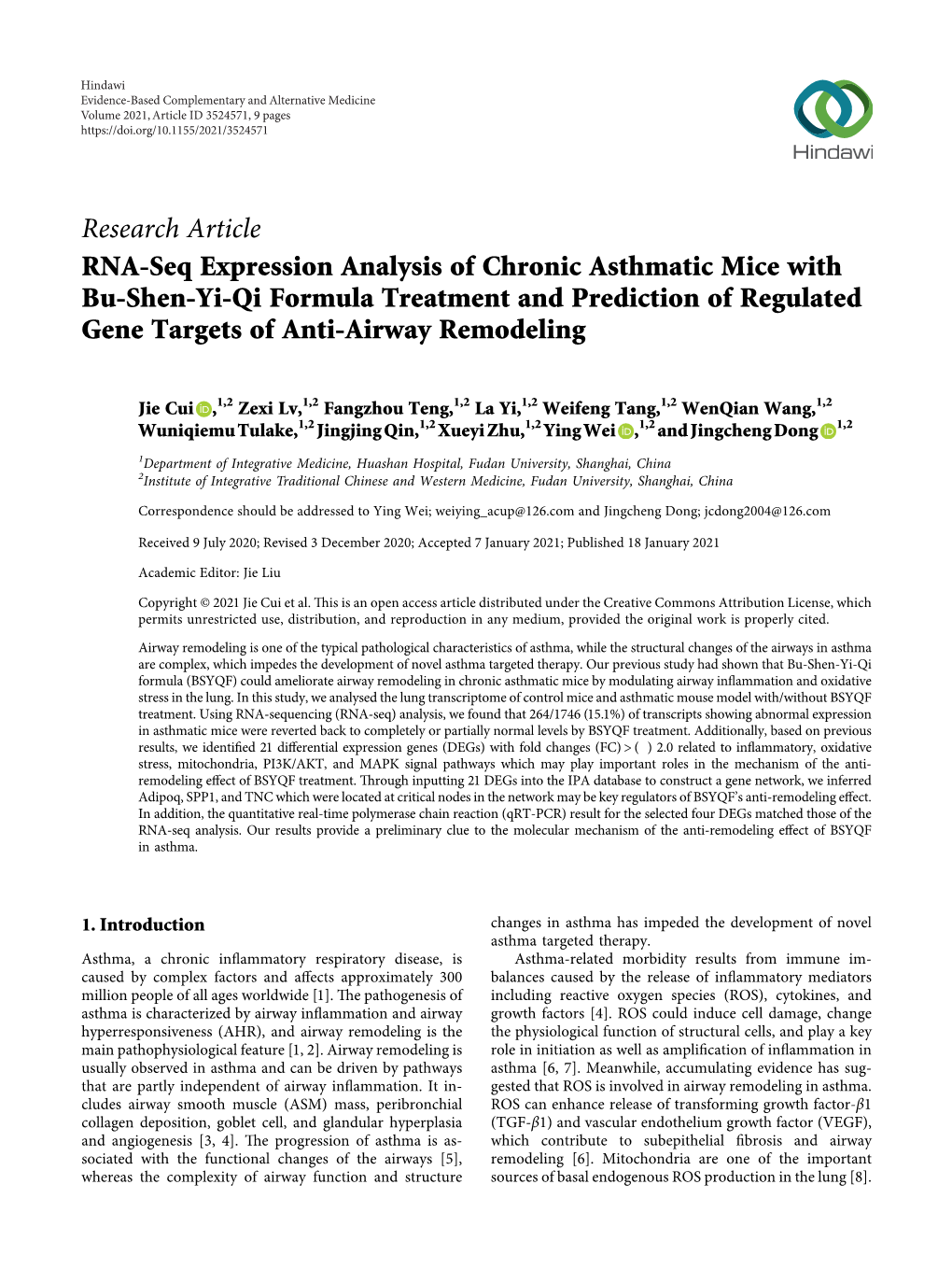 Research Article RNA-Seq Expression Analysis of Chronic Asthmatic Mice