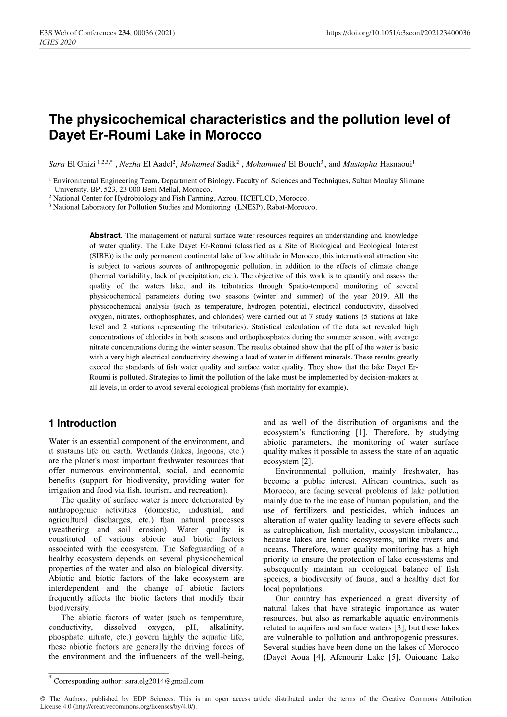 The Physicochemical Characteristics and the Pollution Level of Dayet Er-Roumi Lake in Morocco