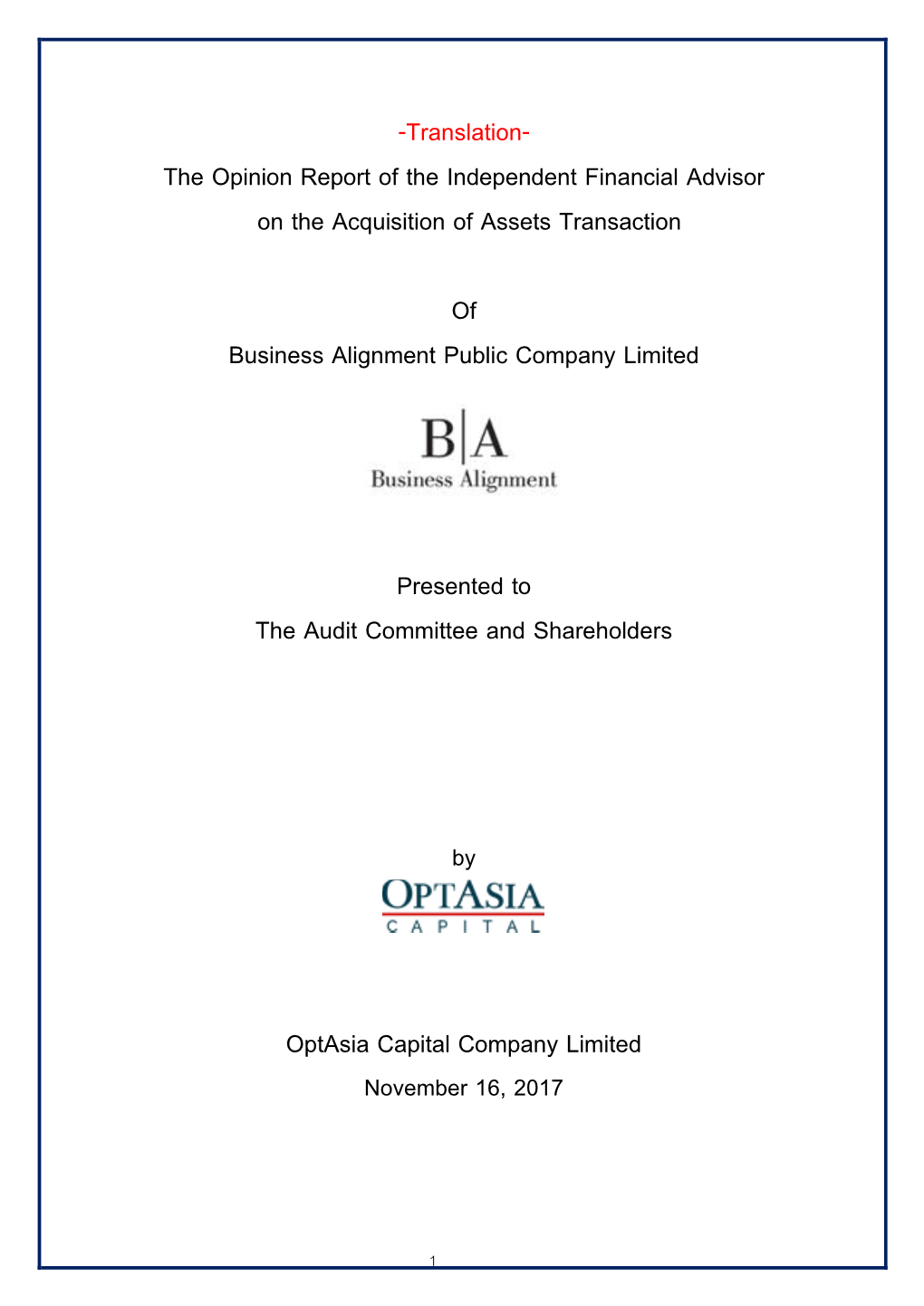 Translation- the Opinion Report of the Independent Financial Advisor on the Acquisition of Assets Transaction