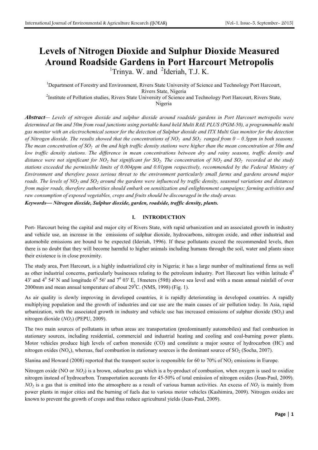 Levels of Nitrogen Dioxide and Sulphur Dioxide Measured Around Roadside Gardens in Port Harcourt Metropolis 1Trinya