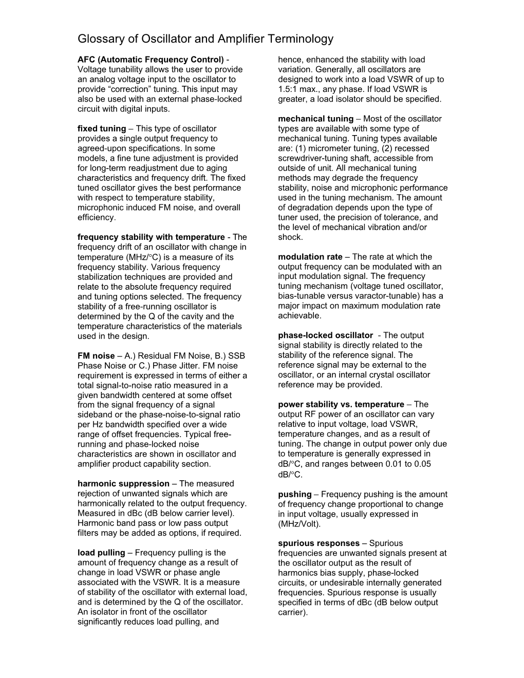 Glossary of Oscillator and Amplifier Terminology