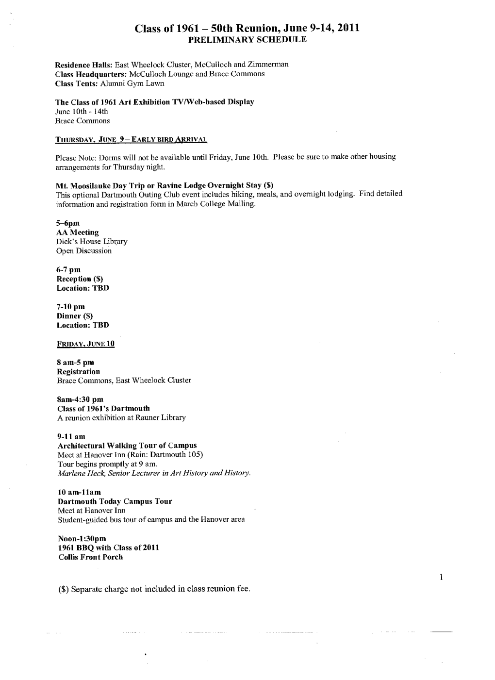 50Th Reunion, June 9-14, 2011 PRELIMINARY SCHEDULE