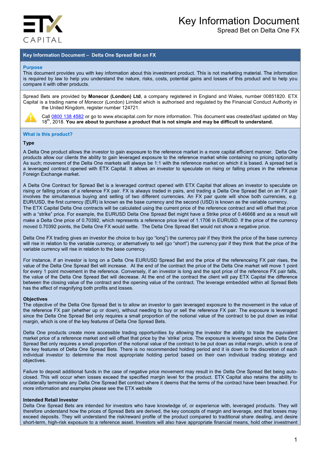 Key Information Document Spread Bet on Delta One FX