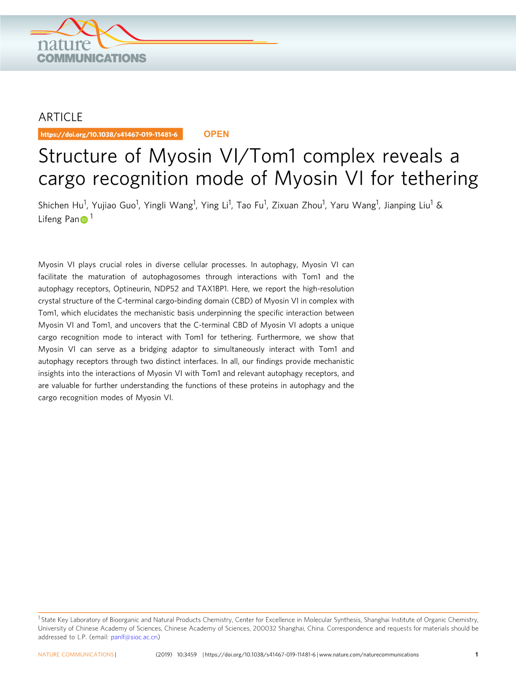 Structure of Myosin VI/Tom1 Complex Reveals a Cargo Recognition Mode of Myosin VI for Tethering