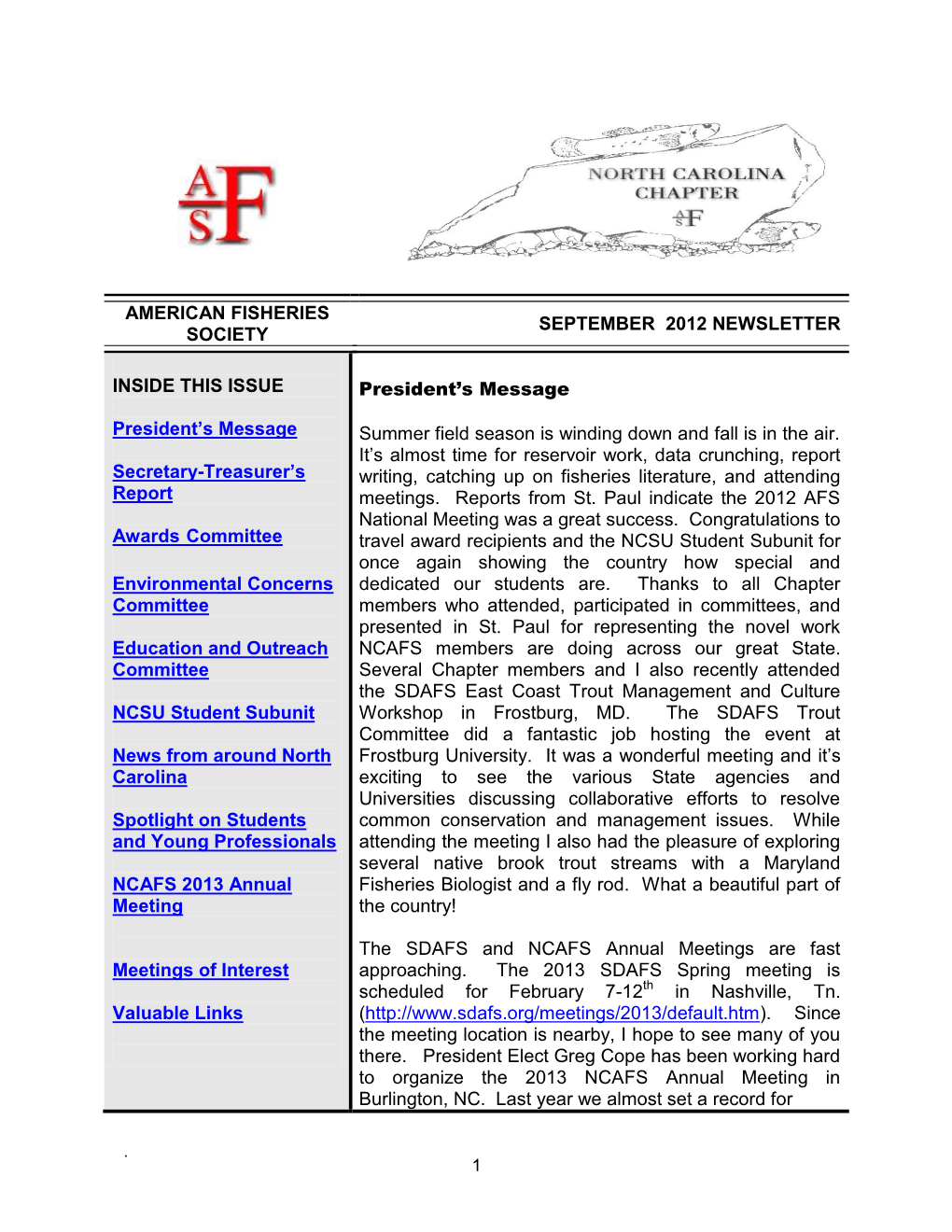 American Fisheries Society September 2012 Newsletter