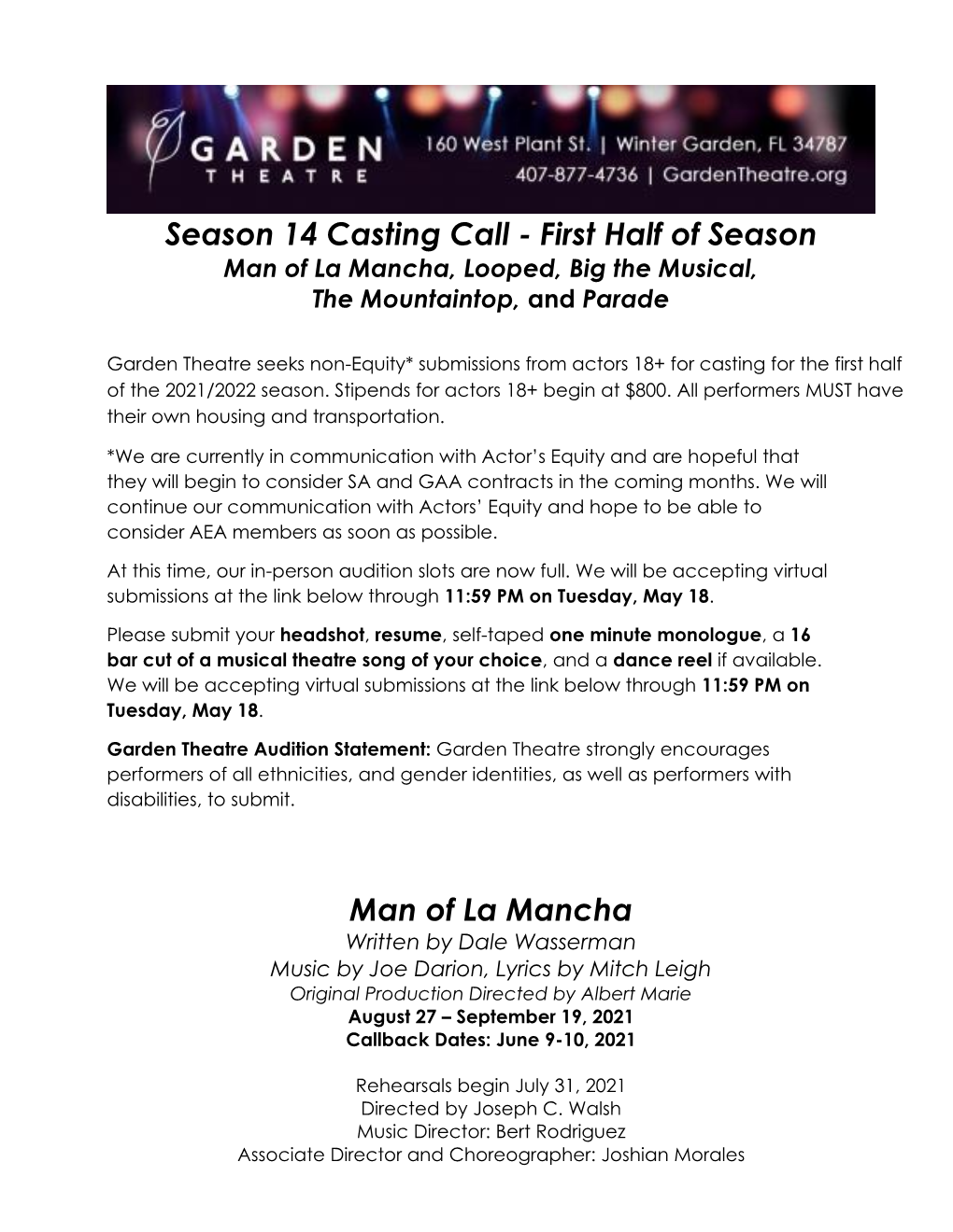 Season 14 Casting Call - First Half of Season Man of La Mancha, Looped, Big the Musical, the Mountaintop, and Parade
