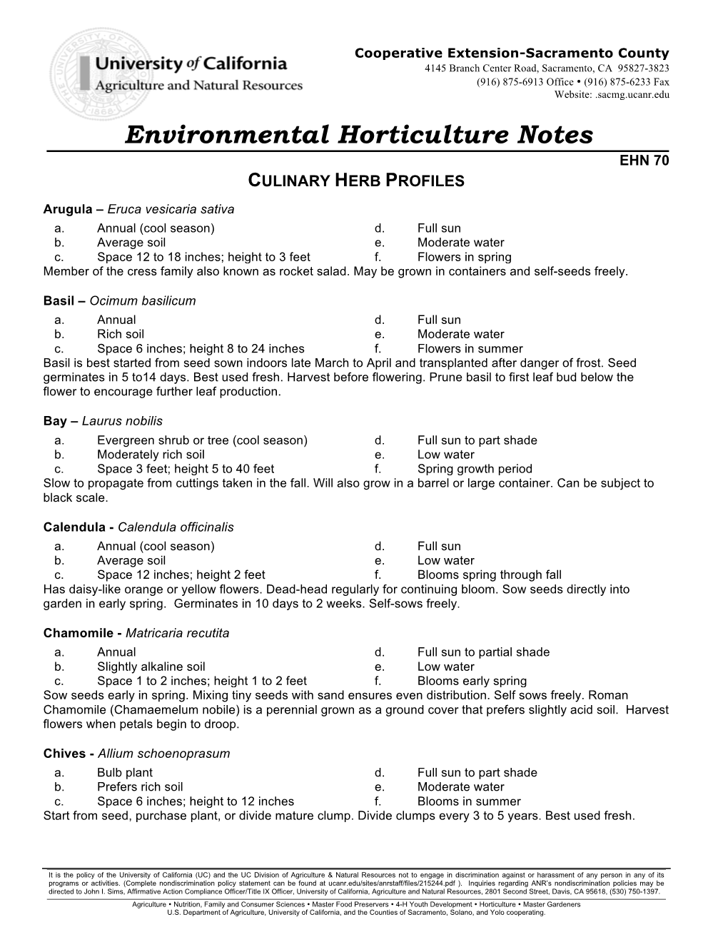 Environmental Horticulture Notes EHN 70 CULINARY HERB PROFILES