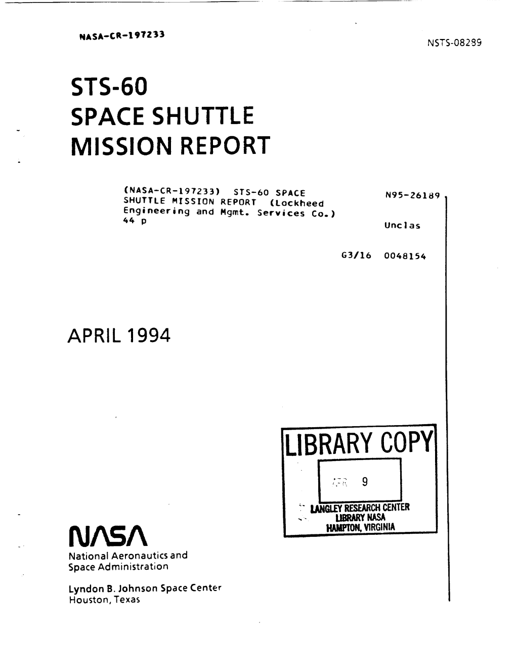 Sts-60 Space Shuttle Mission Report