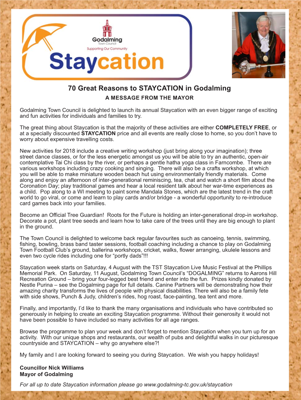 70 Great Reasons to STAYCATION in Godalming a MESSAGE from the MAYOR