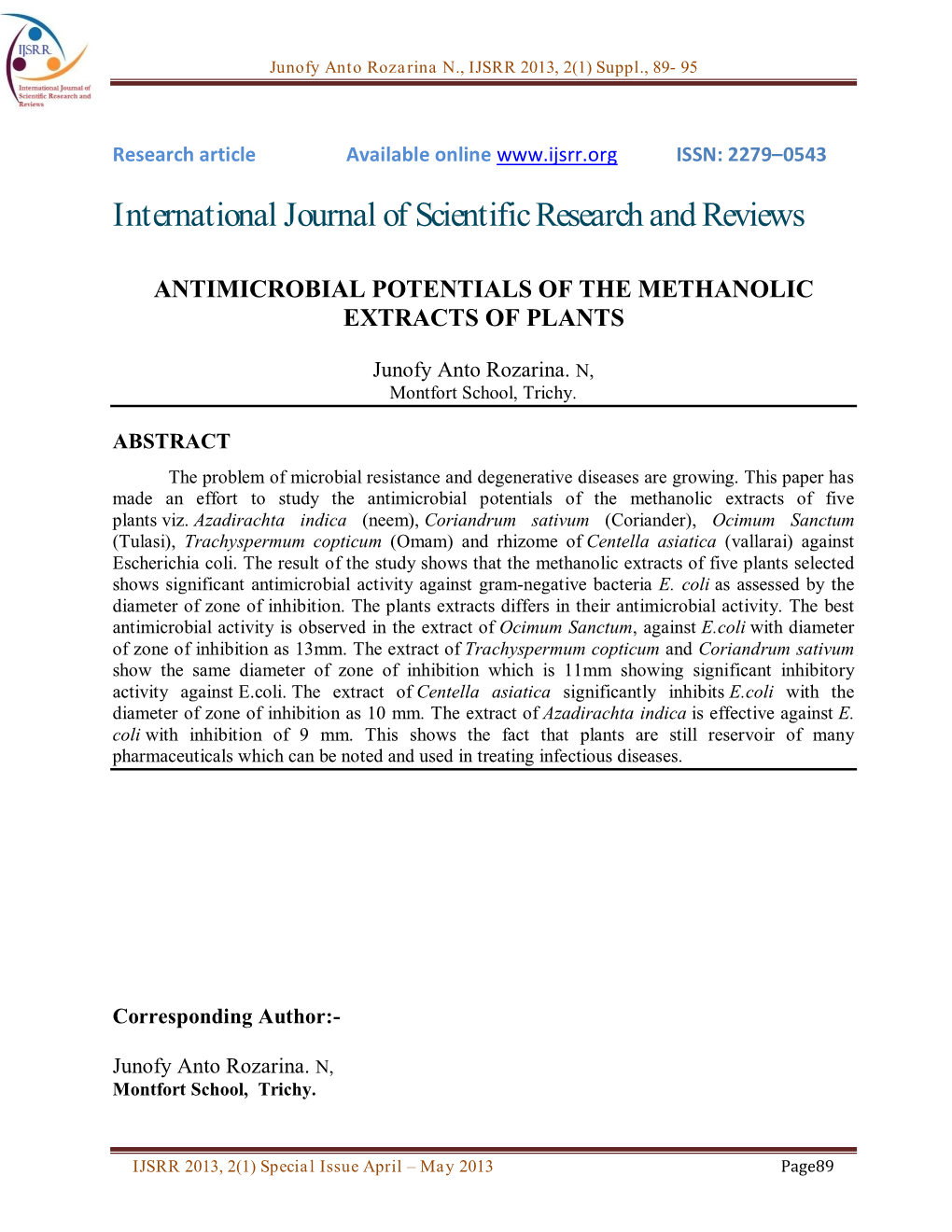 Antimicrobial Potentials of the Methanolic Extracts of Plants