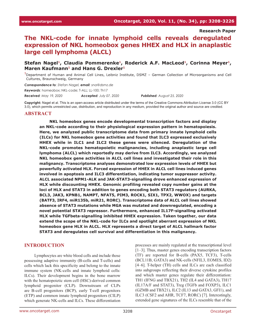 The NKL-Code for Innate Lymphoid Cells Reveals Deregulated Expression of NKL Homeobox Genes HHEX and HLX in Anaplastic Large Cell Lymphoma (ALCL)