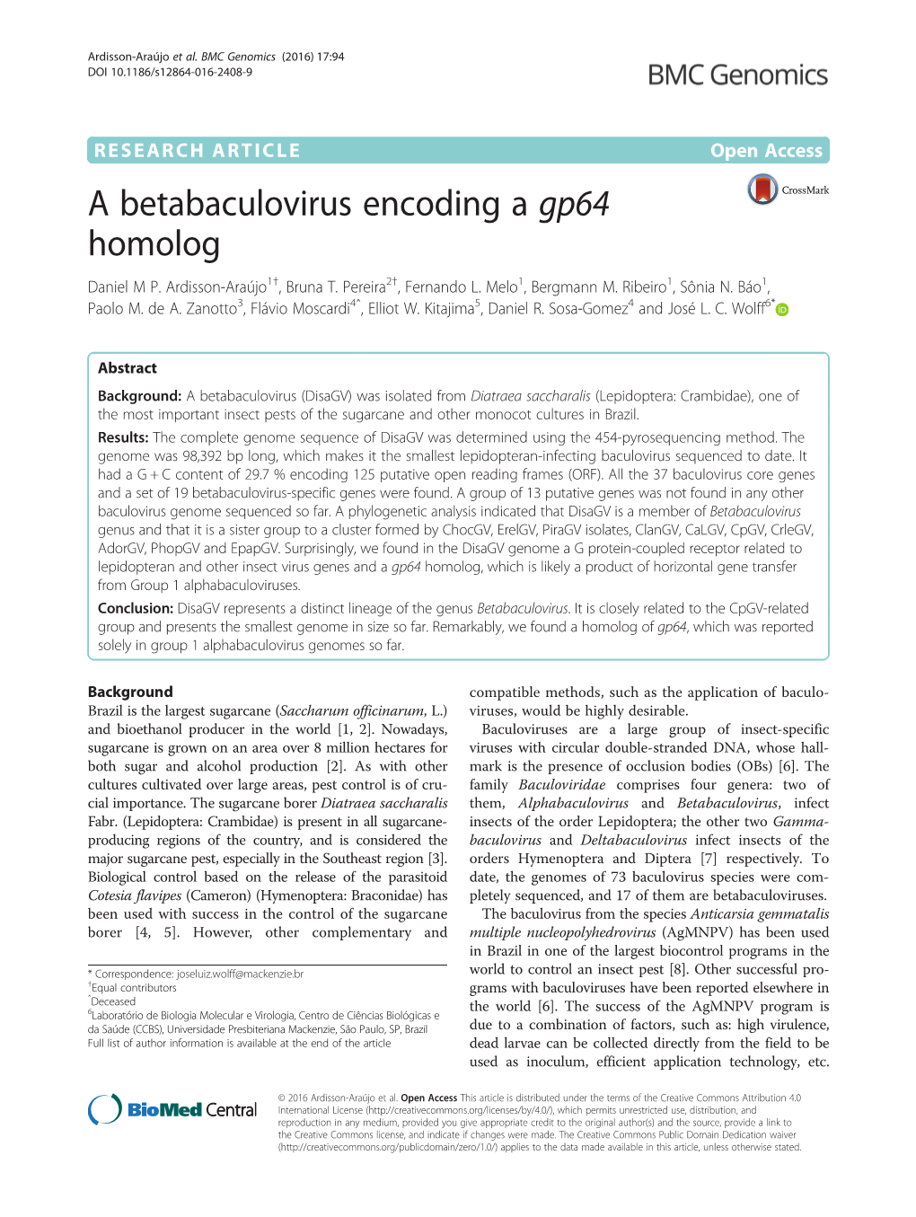 A Betabaculovirus Encoding a Gp64 Homolog Daniel M P