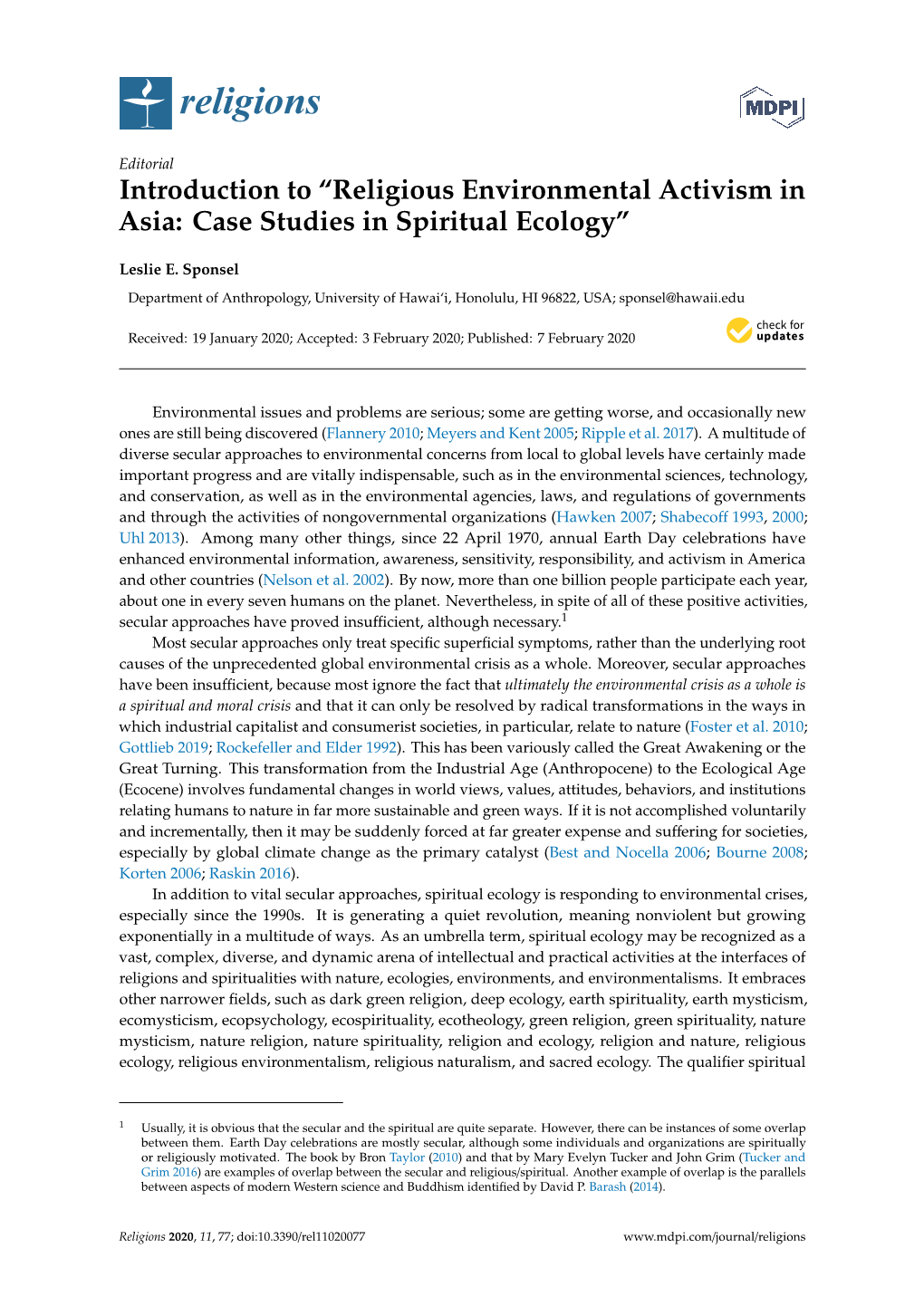 Introduction to “Religious Environmental Activism in Asia: Case Studies in Spiritual Ecology”