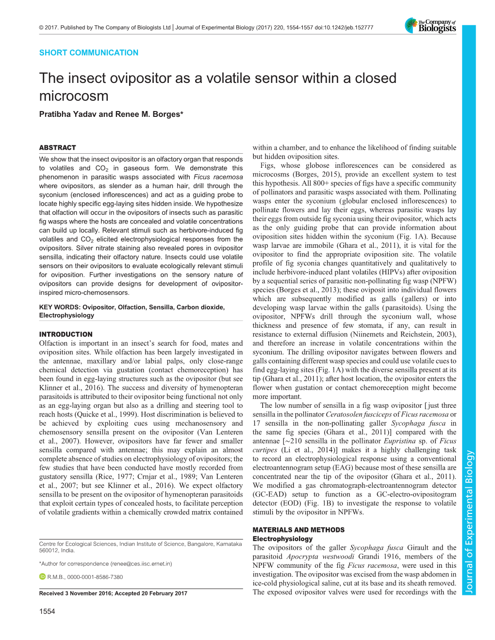 The Insect Ovipositor As a Volatile Sensor Within a Closed Microcosm Pratibha Yadav and Renee M