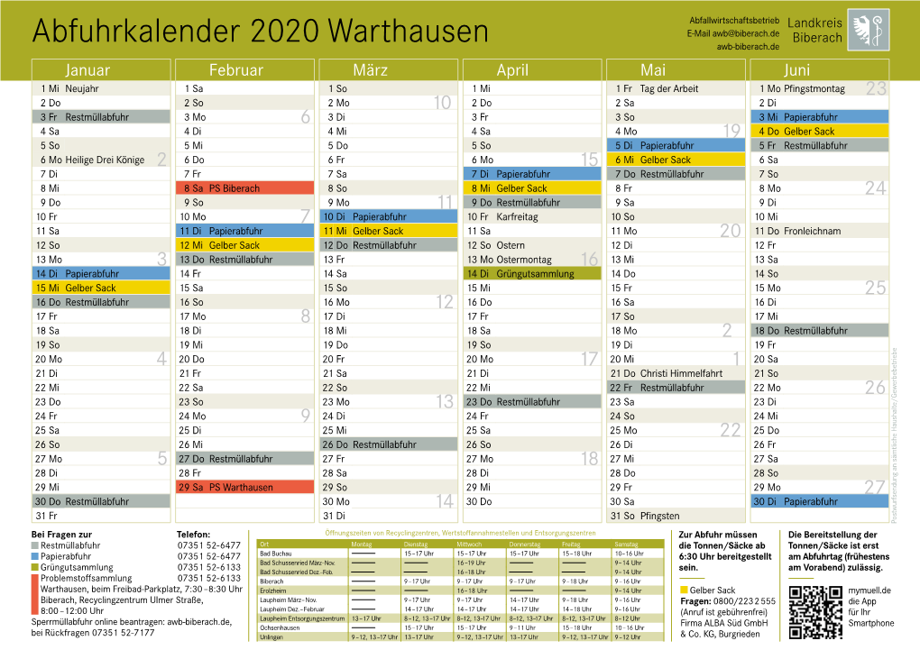 Abfuhrkalender 2020 Warthausen
