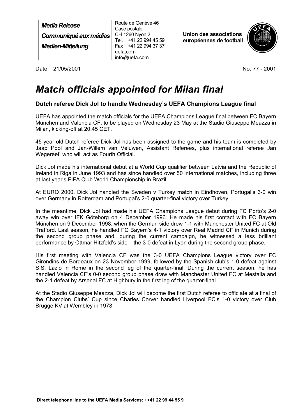 Match Officials Appointed for Milan Final