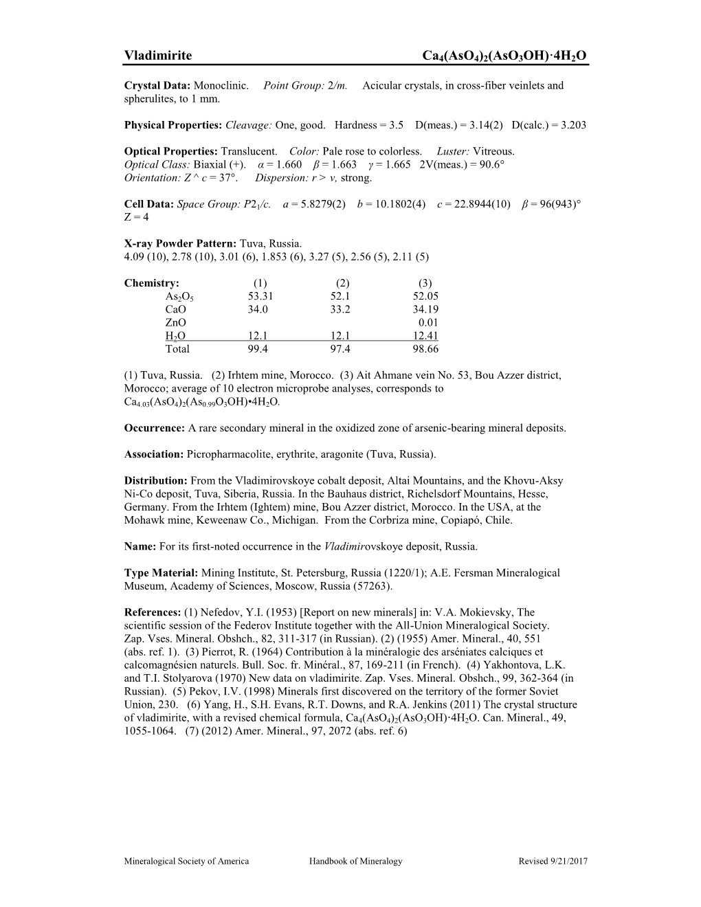 Vladimirite Ca4(Aso4)2(Aso3oh)·4H2O