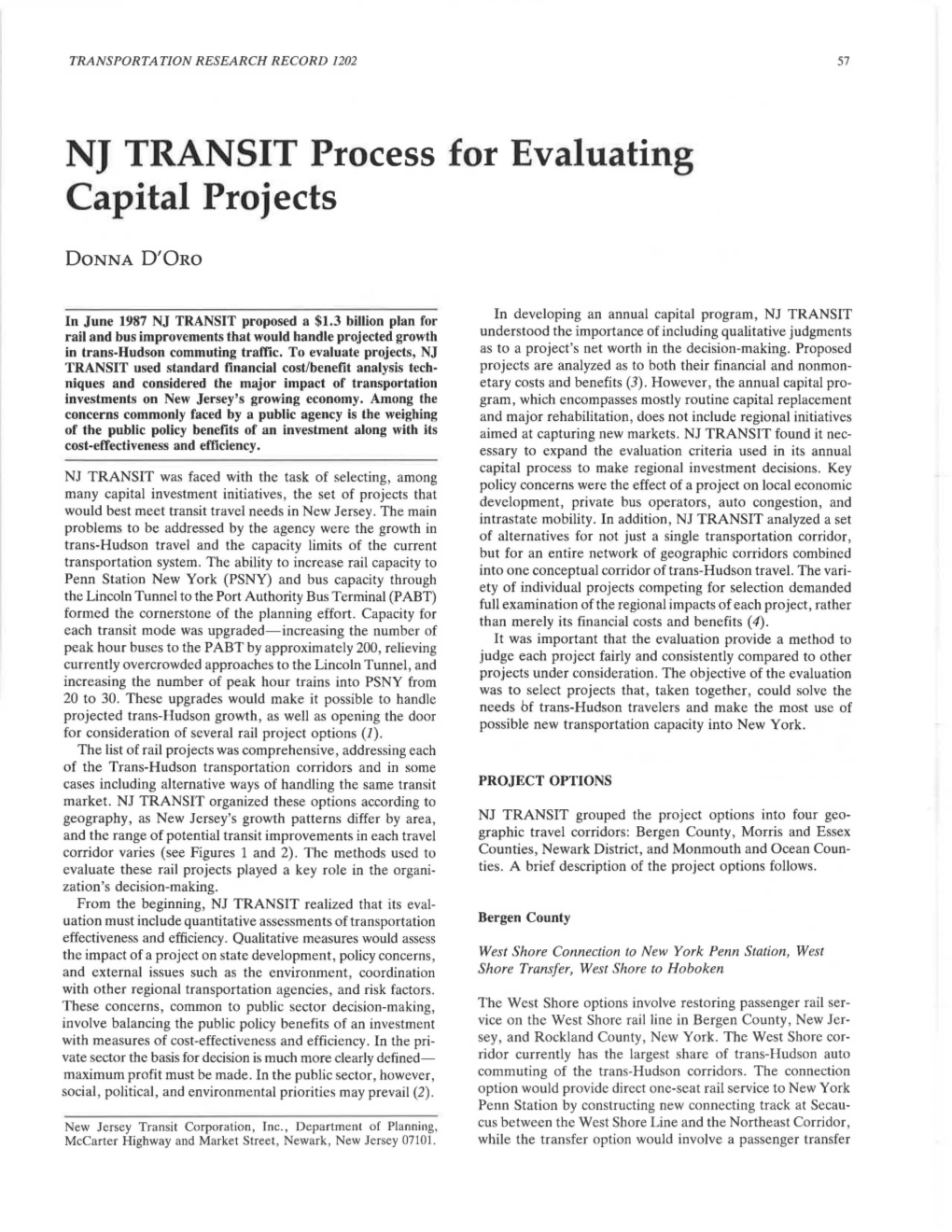 NJ TRANSIT Process for Evaluating Capital Projects