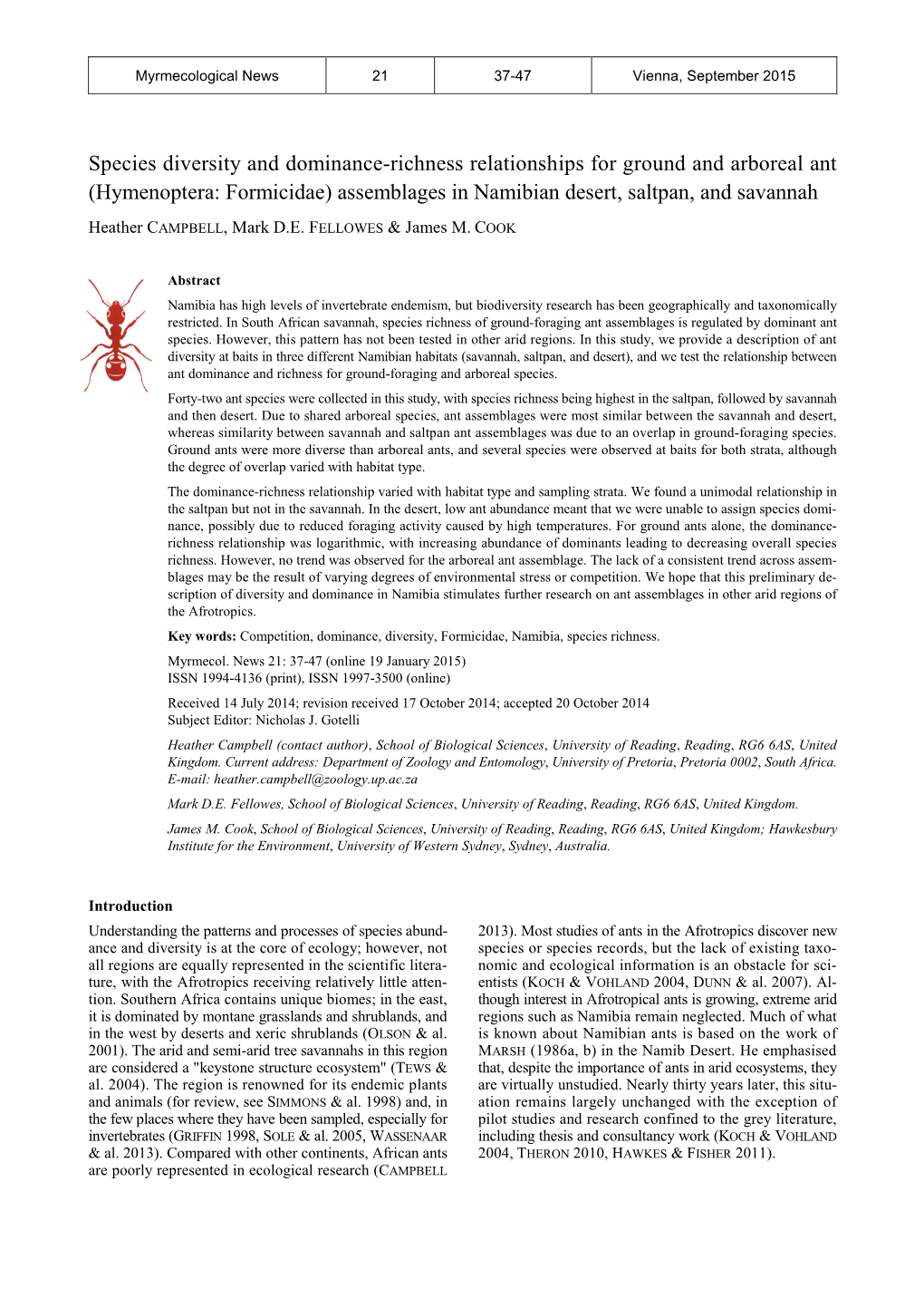 Species Diversity and Dominance-Richness Relationships for Ground and Arboreal Ant (Hymenoptera: Formicidae) Assemblages in Namibian Desert, Saltpan, and Savannah