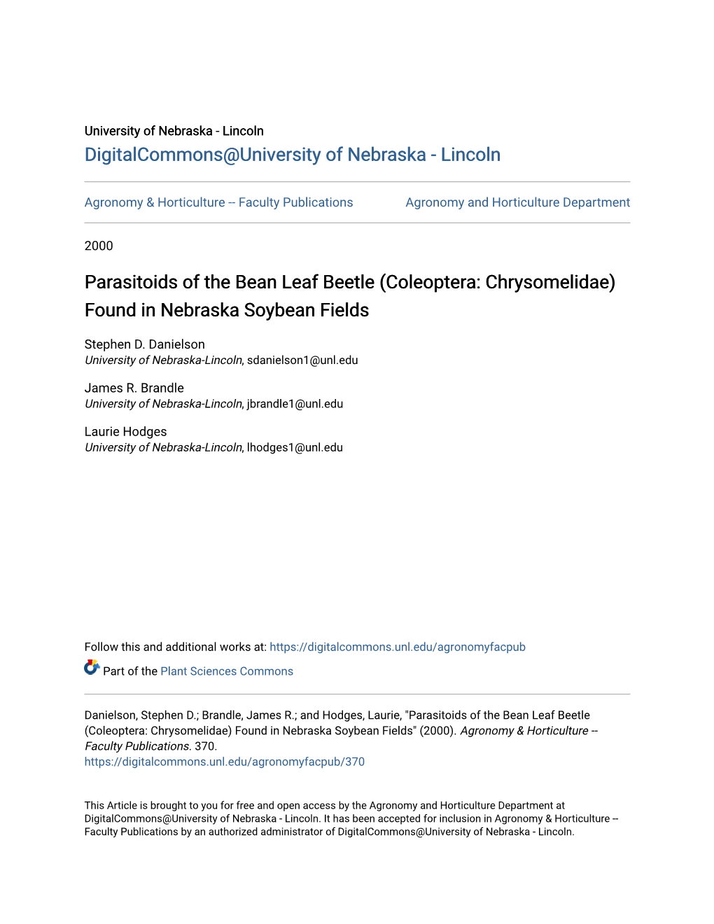 Parasitoids of the Bean Leaf Beetle (Coleoptera: Chrysomelidae) Found in Nebraska Soybean Fields